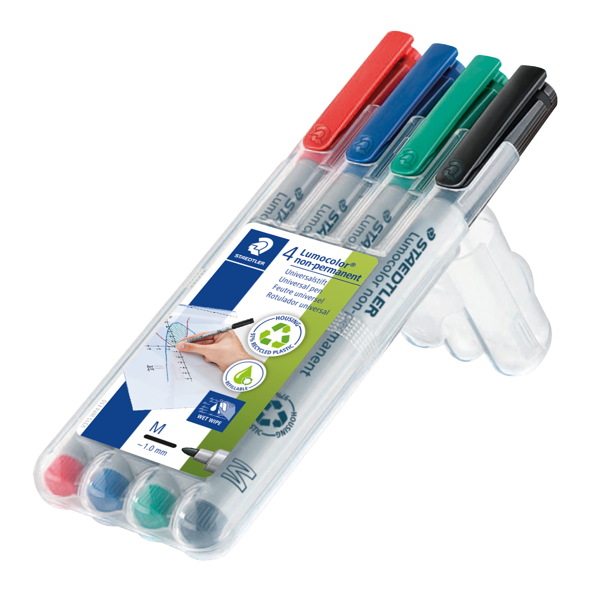 STAEDTLER Lumocolor 315 WP4 Non-Permanent Pen - Medium 1.0mm Line Width, Assorted Colours (4 Pack)