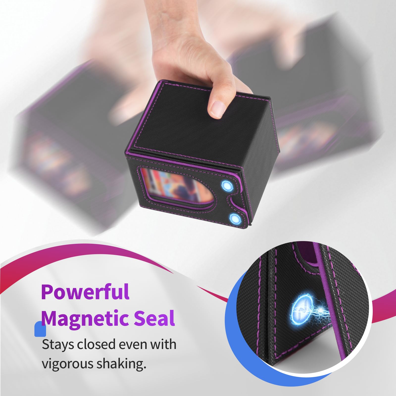 Euqvunn TCG Deck Box - Magnetic Closure, Display Window | Holds 100-220 Cards | Black & Purple 3