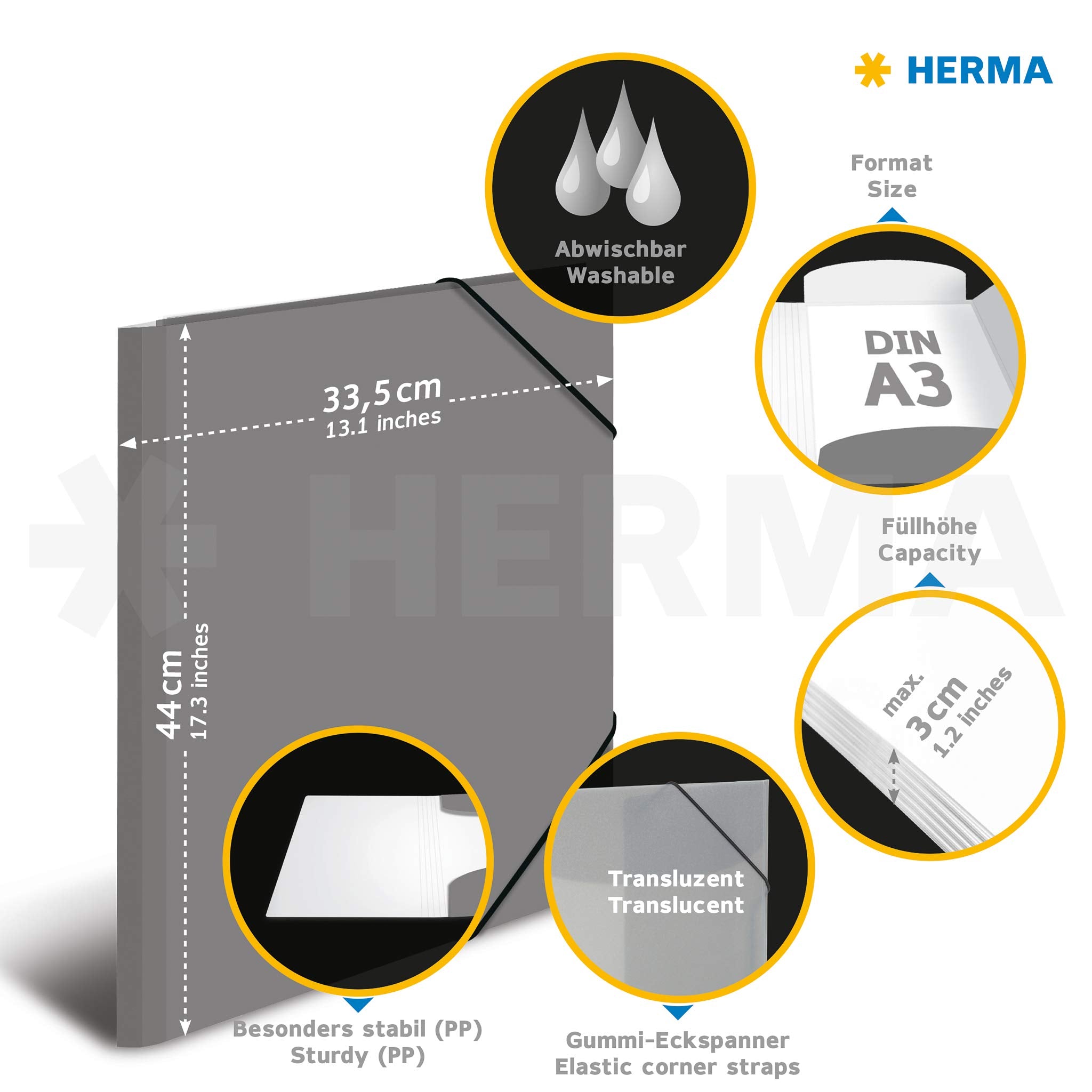 HERMA Translucent Elastic Folder - A3 Size, Black Plastic, 3 Inner Flaps | Model 19513 6