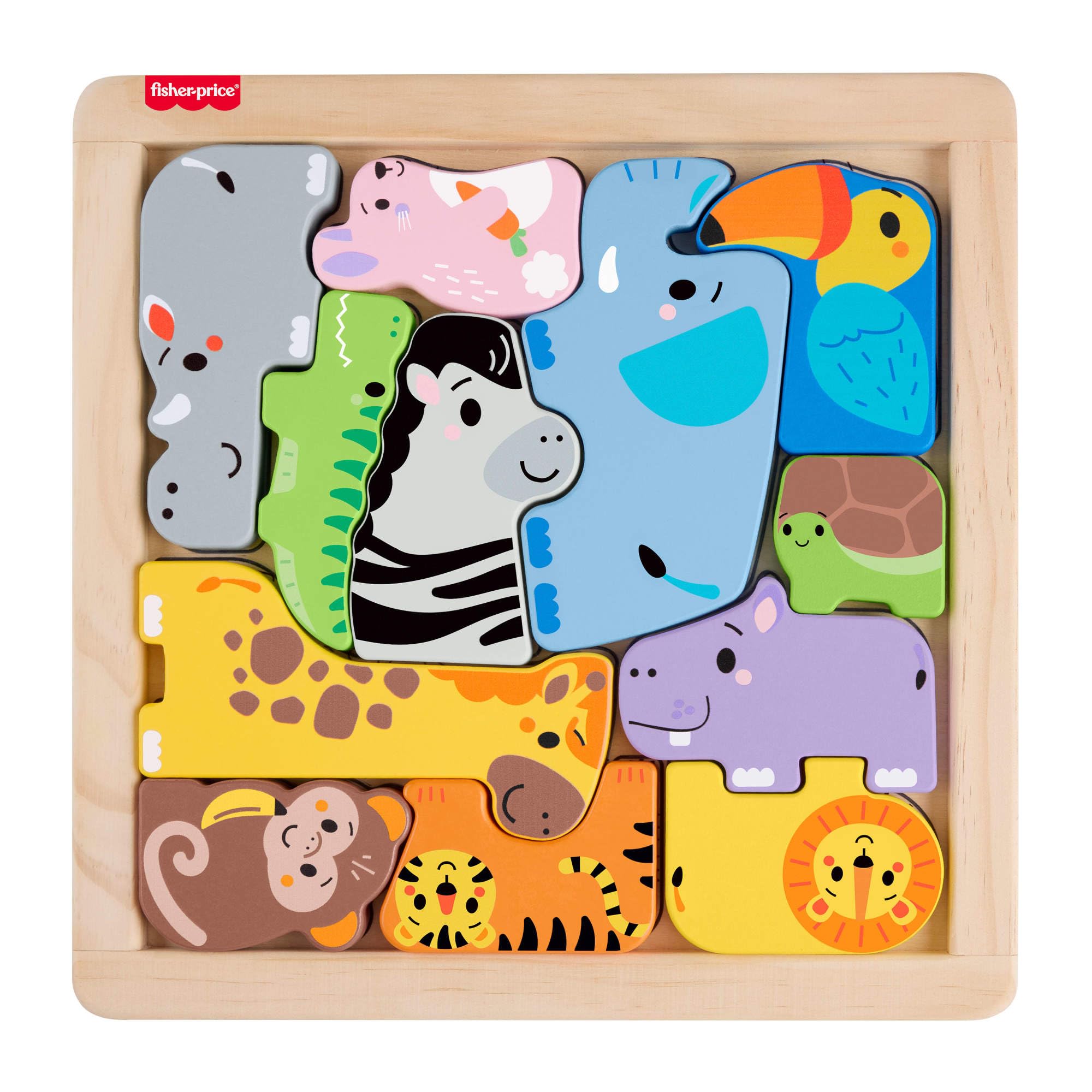 Fisher-Price Wooden Animal Puzzle - 13-Piece Shape-Sorting Activity for Toddlers 2Y+ 6
