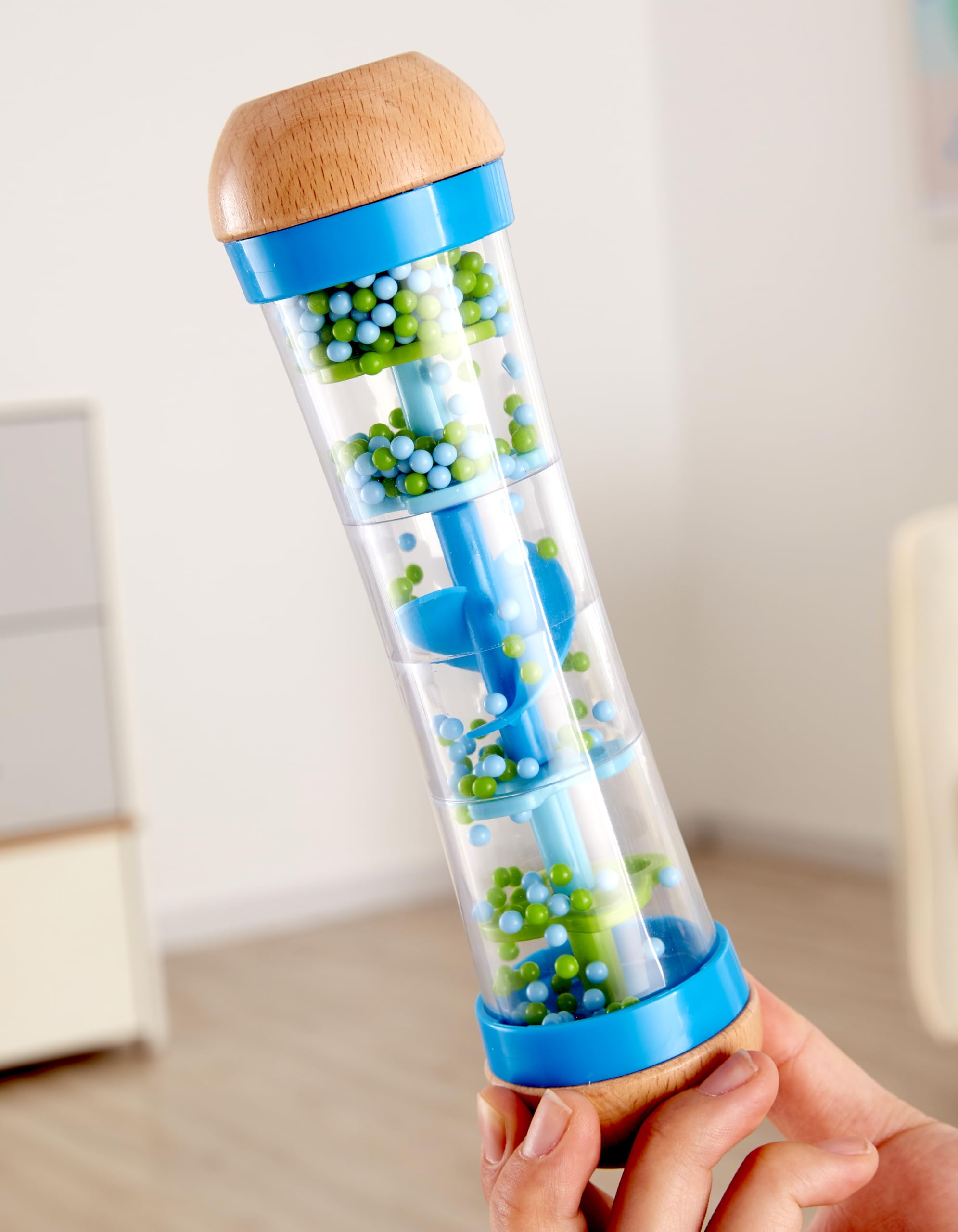 Hape Beaded Raindrops Wooden Musical Rainmaker Toy - Blue | Develops Rhythm & Fine Motor Skills 6