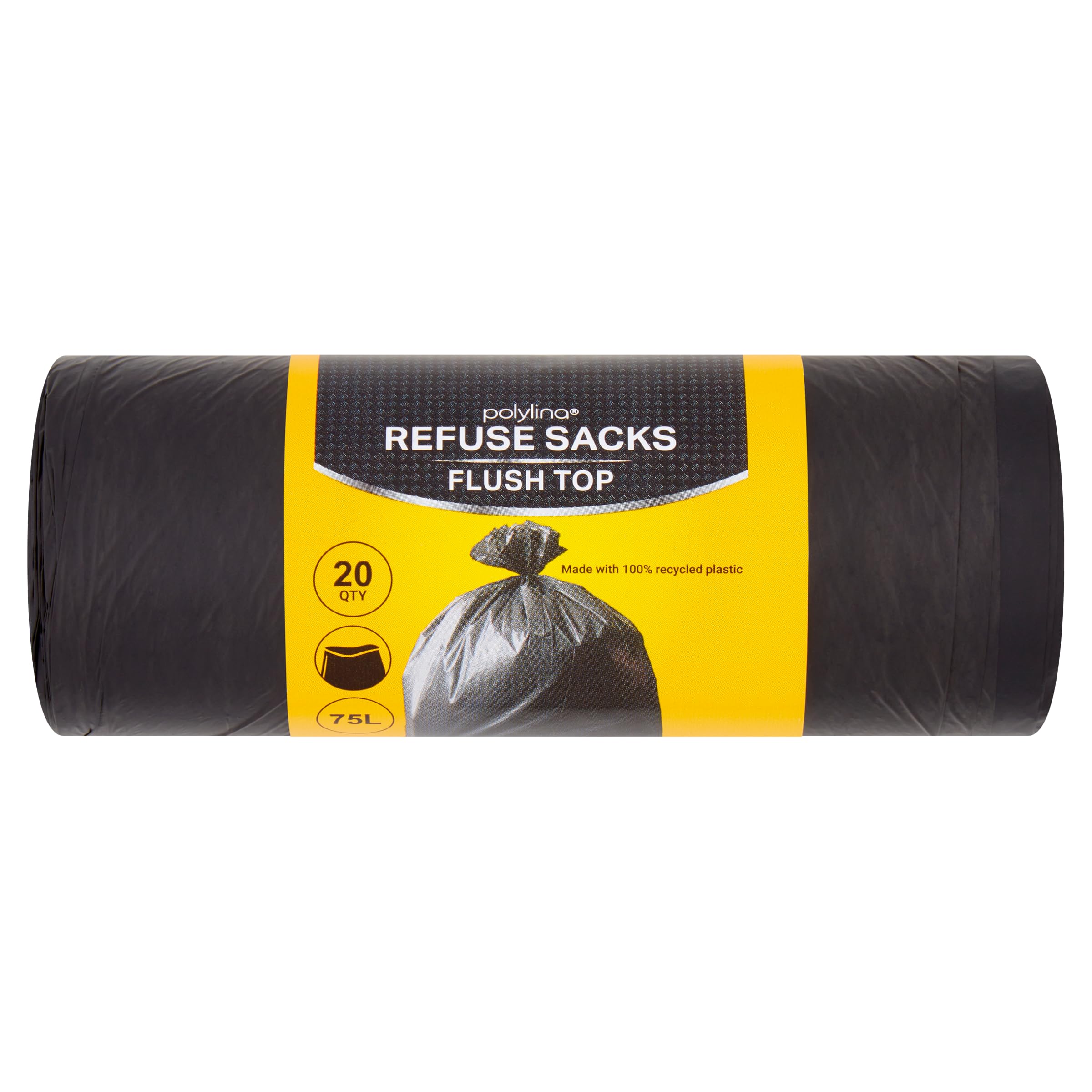 Polylina 75L Flush Top Refuse Sacks - 20 Count Black Bin Liners | Made with 70% Recycled Plastic