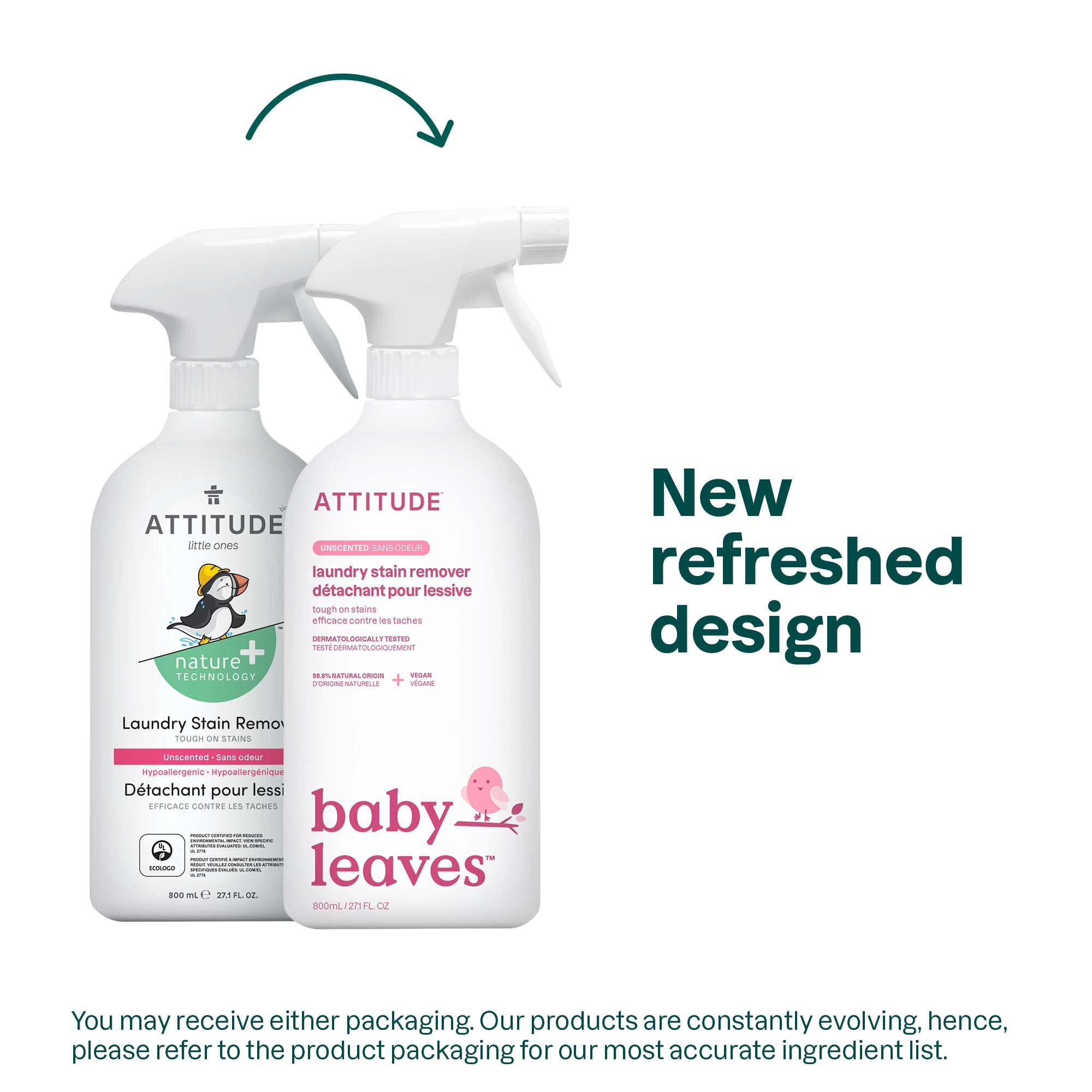 ATTITUDE Baby Laundry Stain Remover - Plant & Mineral-Based, Unscented, 800 ml