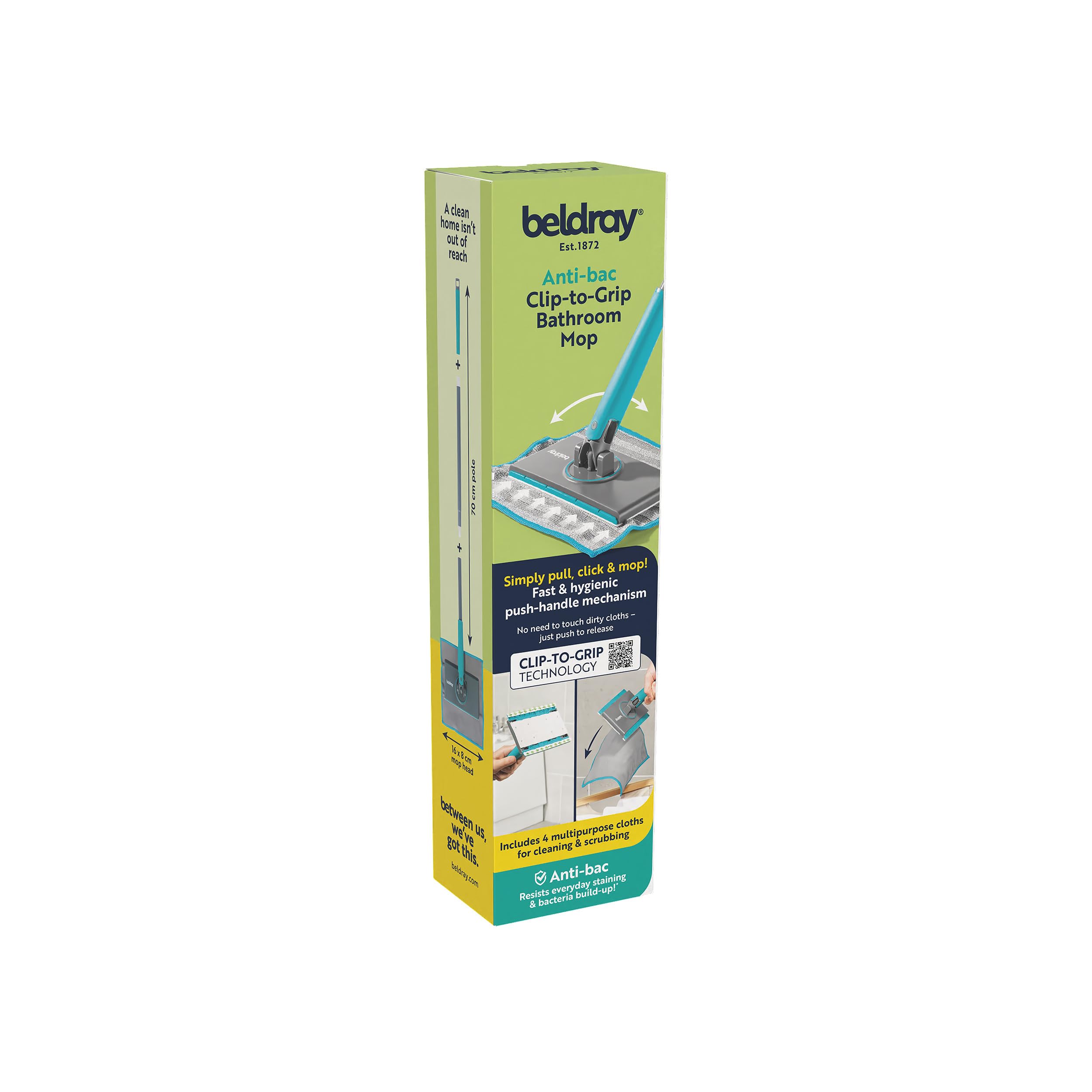 Beldray Anti-Bac Clip-to-Grip Bathroom Mop – Small Head, Precision Cleaning, 70 cm Handle, Tiles/Mirrors/Bathtub, Hygienic Push Release Handle, 360° Swivel Head, 4 Washable Cloths, Wet & Dry 3