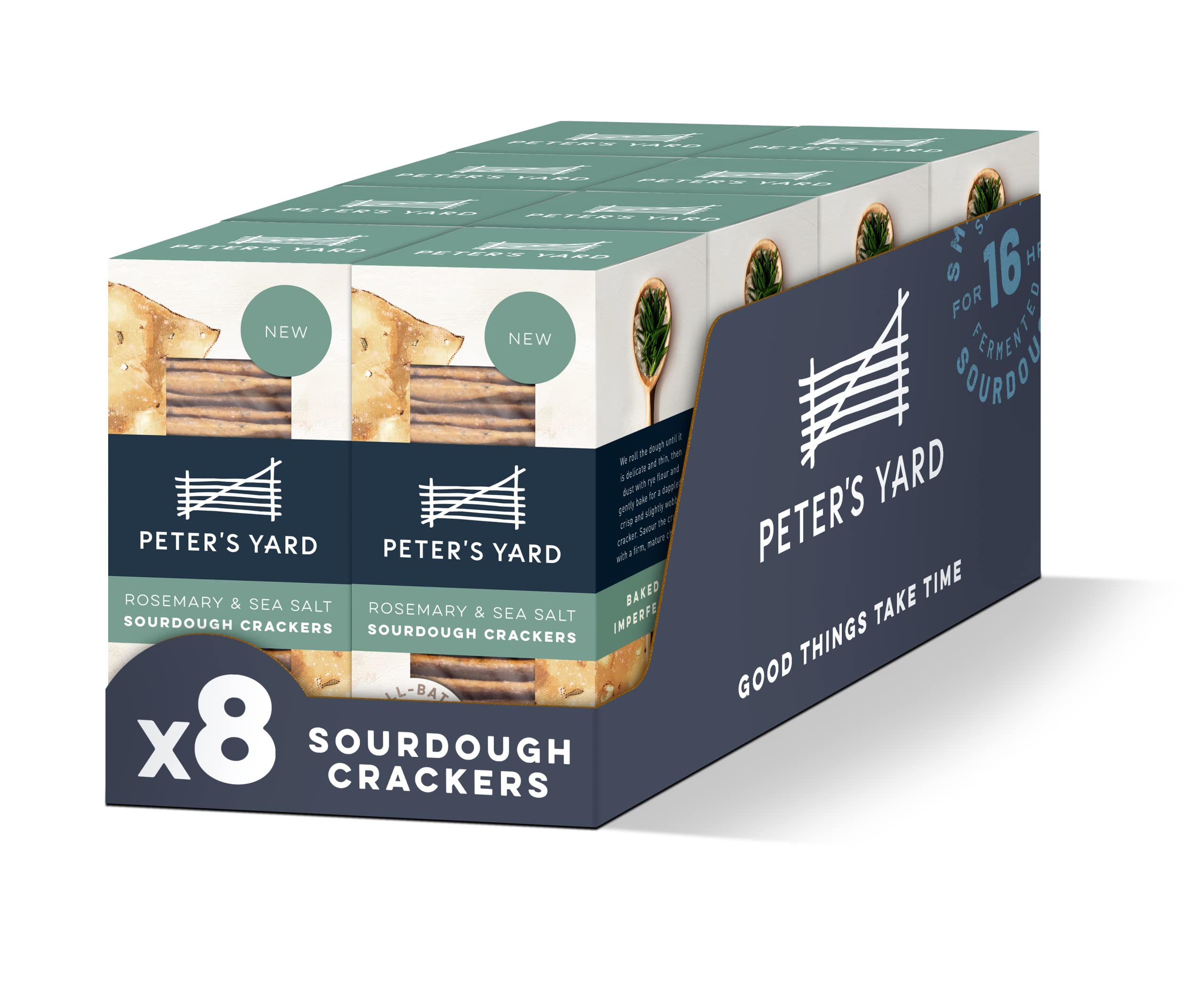 Peter's Yard Rosemary & Sea Salt Sourdough Crackers - High Fibre, Low Sugar | Pack of 8 x 90g