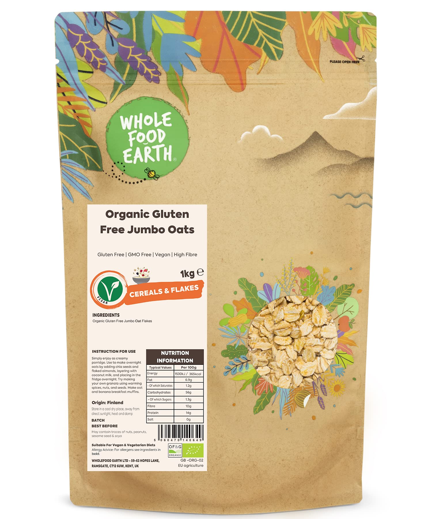 Wholefood Earth Organic Gluten Free Jumbo Oats - 1 kg | GMO Free | Vegan