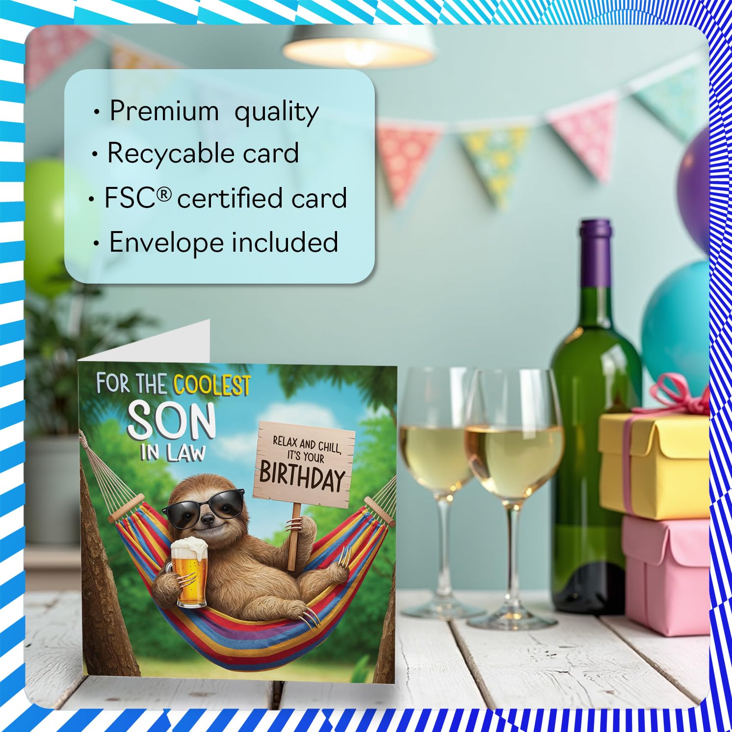 Stuff4 Son in Law Birthday Card - Chilled Out Sloth Design | 145mm x 145mm 3