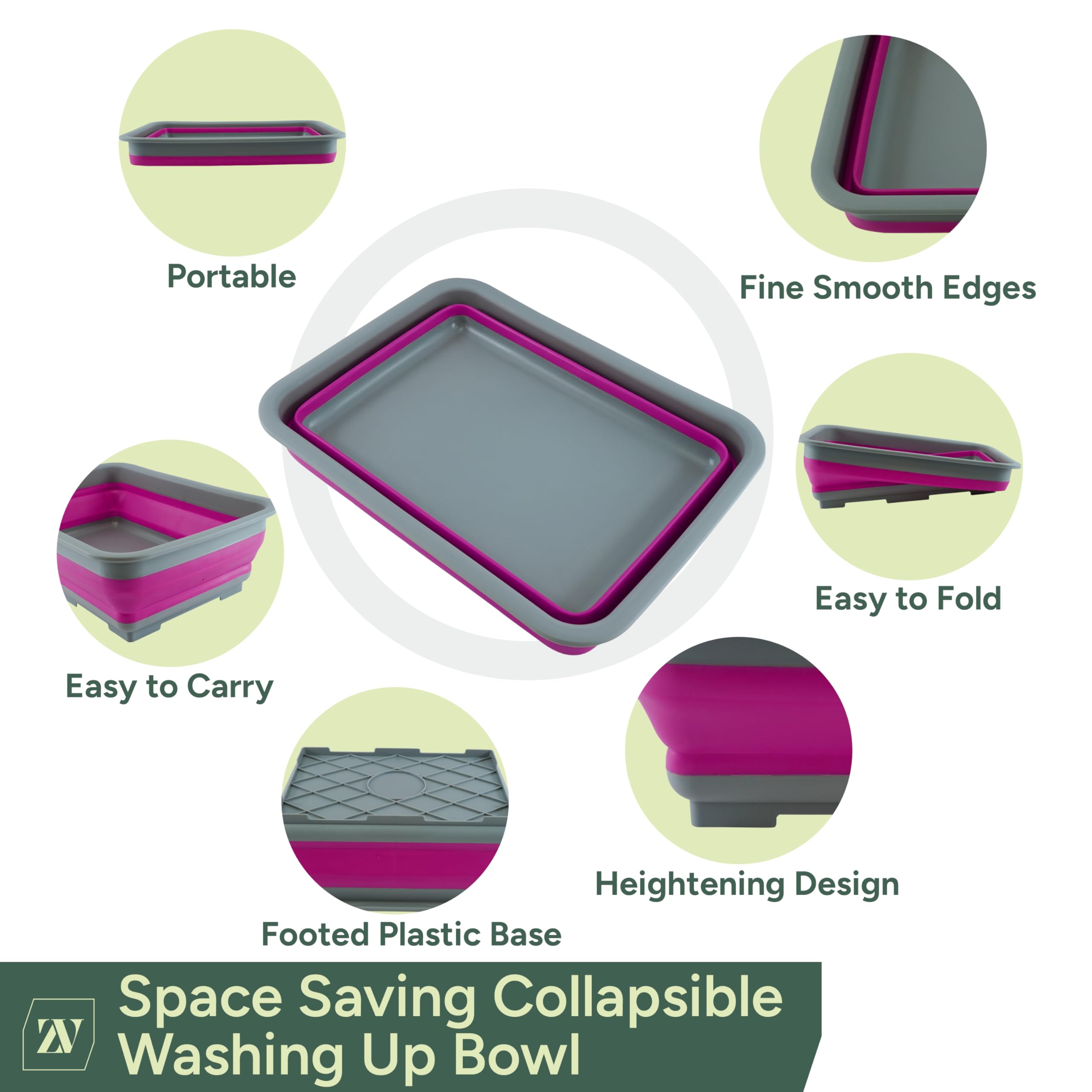 Zuvo Collapsible Washing Up Bowl - 10L Capacity | Folds to 5cm | Purple & Grey 8