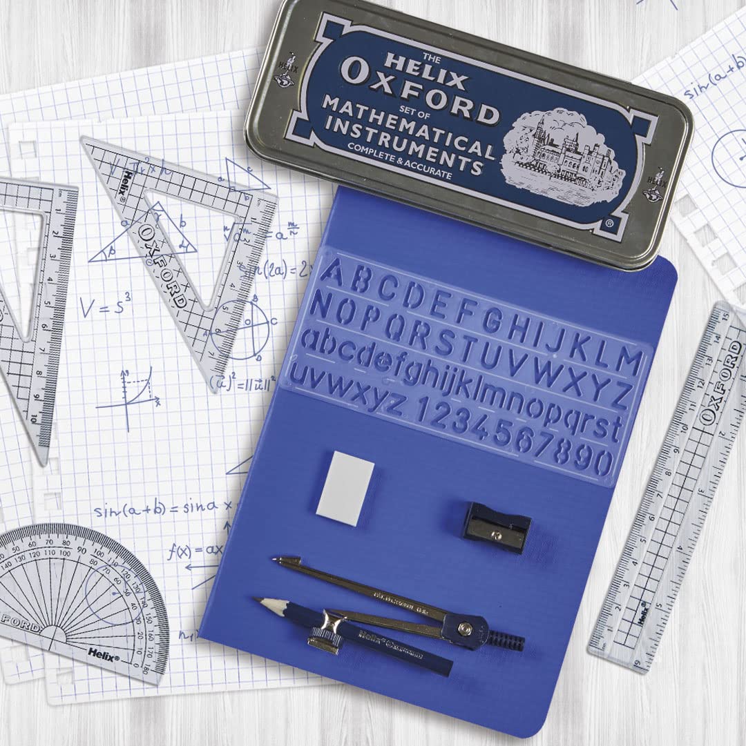 Helix Oxford Maths Set - 10 Piece Geometry Equipment with Storage Tin | Metal Compass | Ruler 4