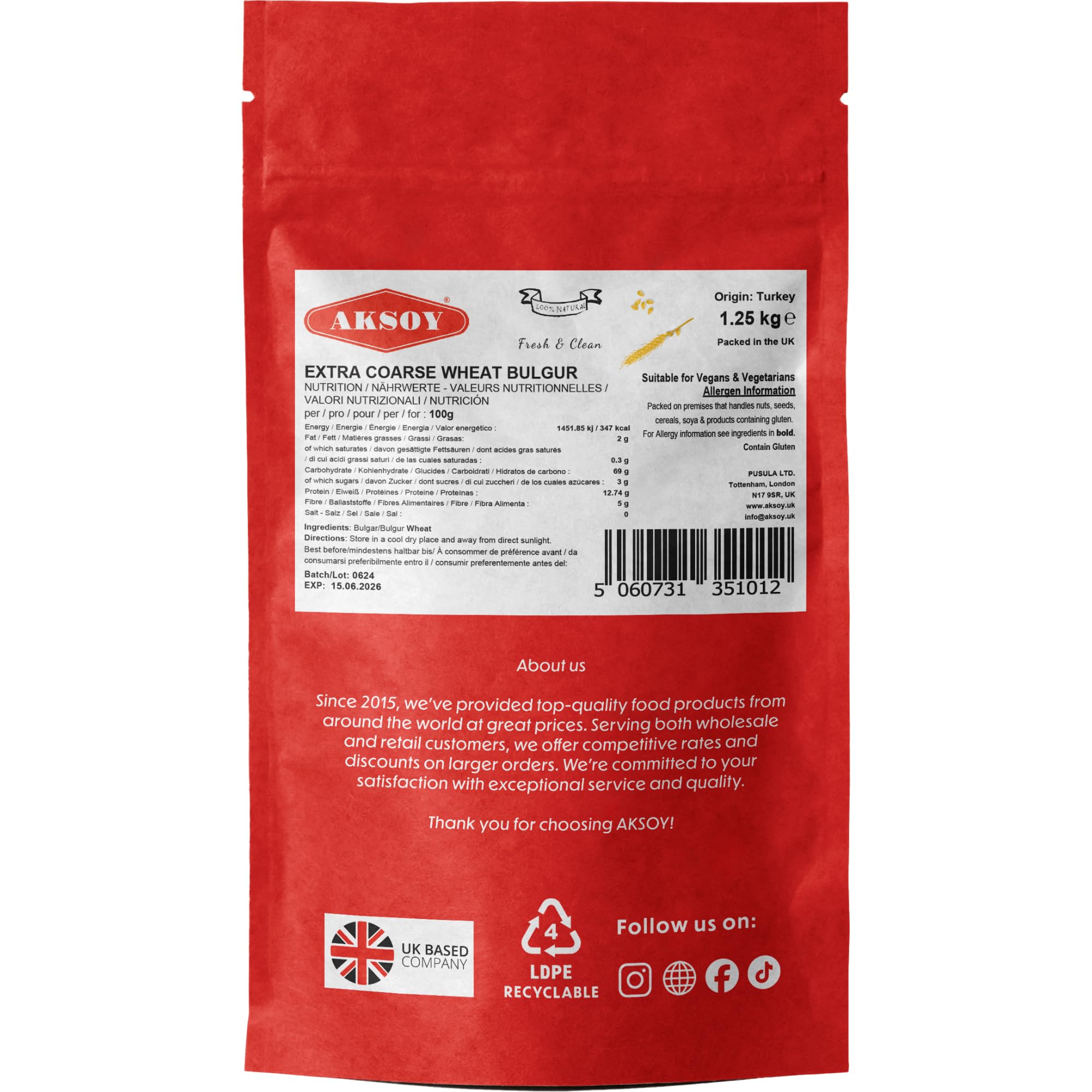 AKSOY Extra Coarse Wheat Bulgur - 1.25KG | Resealable Pouch | Vegan Friendly 6