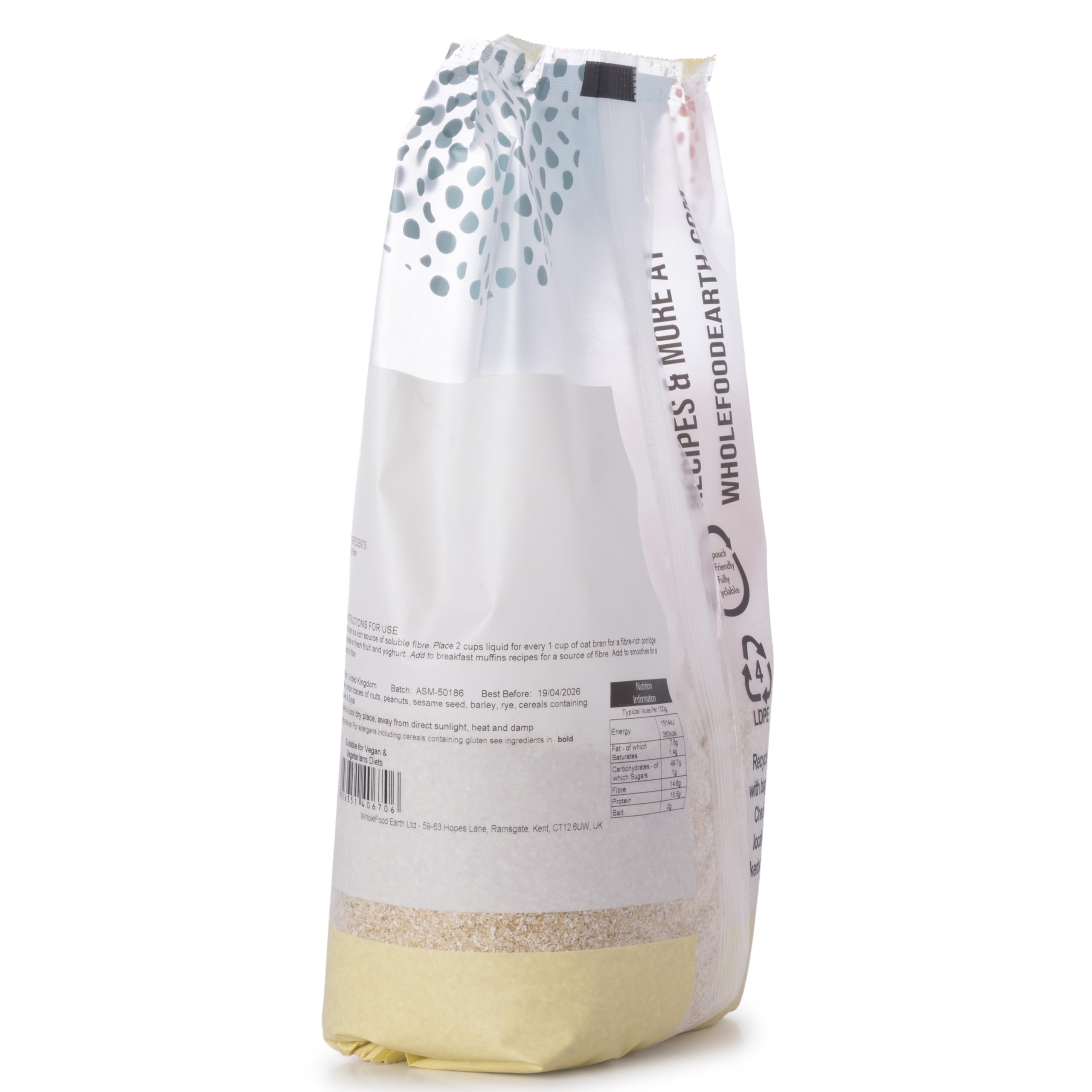 Wholefood Earth Oat Bran Flaked - 500g | High Soluble Fibre | GMO-Free 2