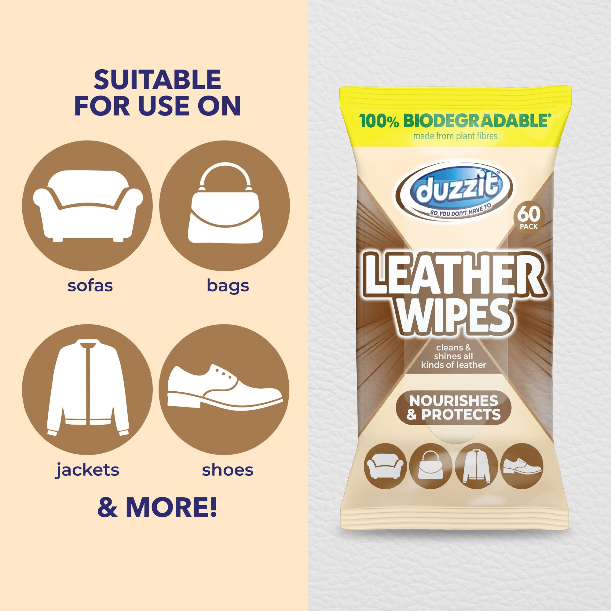 Duzzit Leather Wipes - 60 Count Pack | Nourishing & Protecting | Citrus Scent