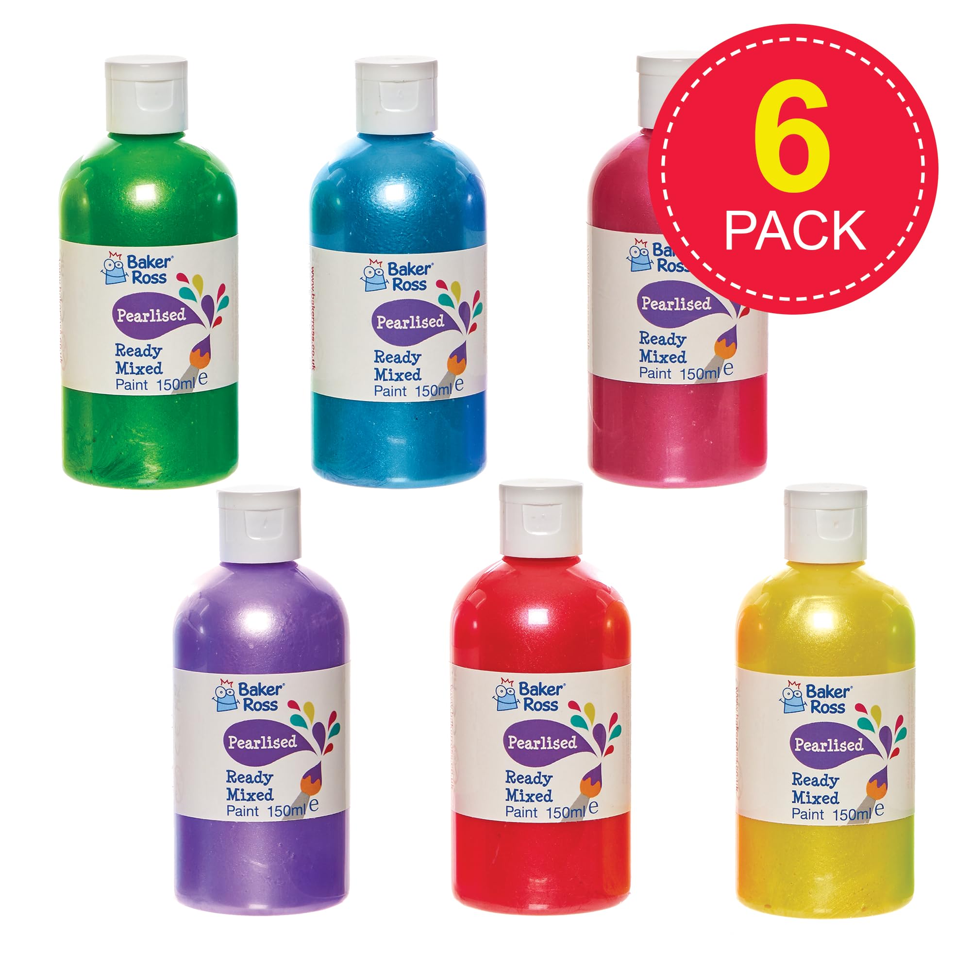 Baker Ross FN254 Pearlised Ready Mixed Poster Paint Pack - 6 x 150ml Bottles | Washable