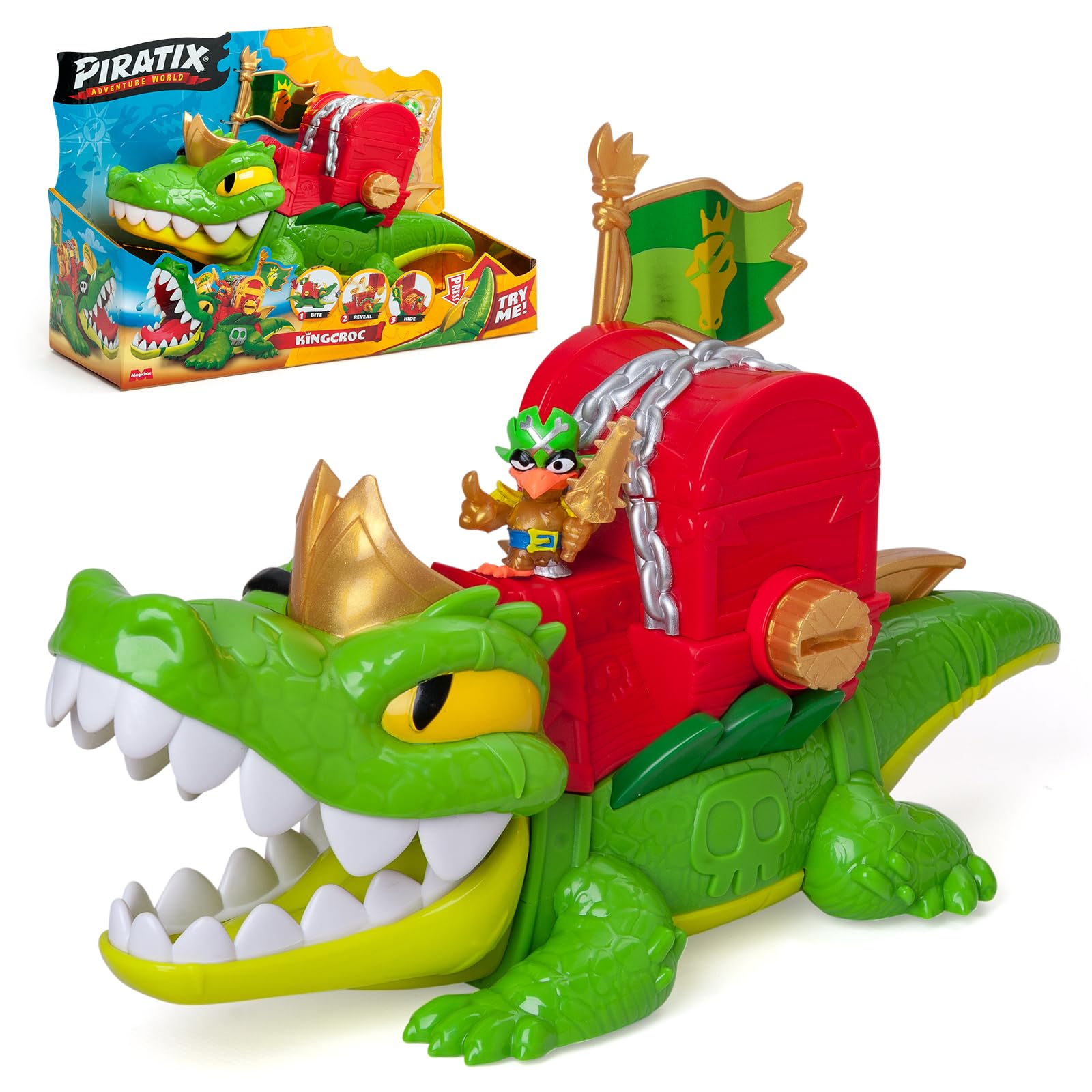 PIRATIX ADVENTURE WORLD King Croc Articulated Crocodile Figure | Includes Captain Jawcrush & Treasure