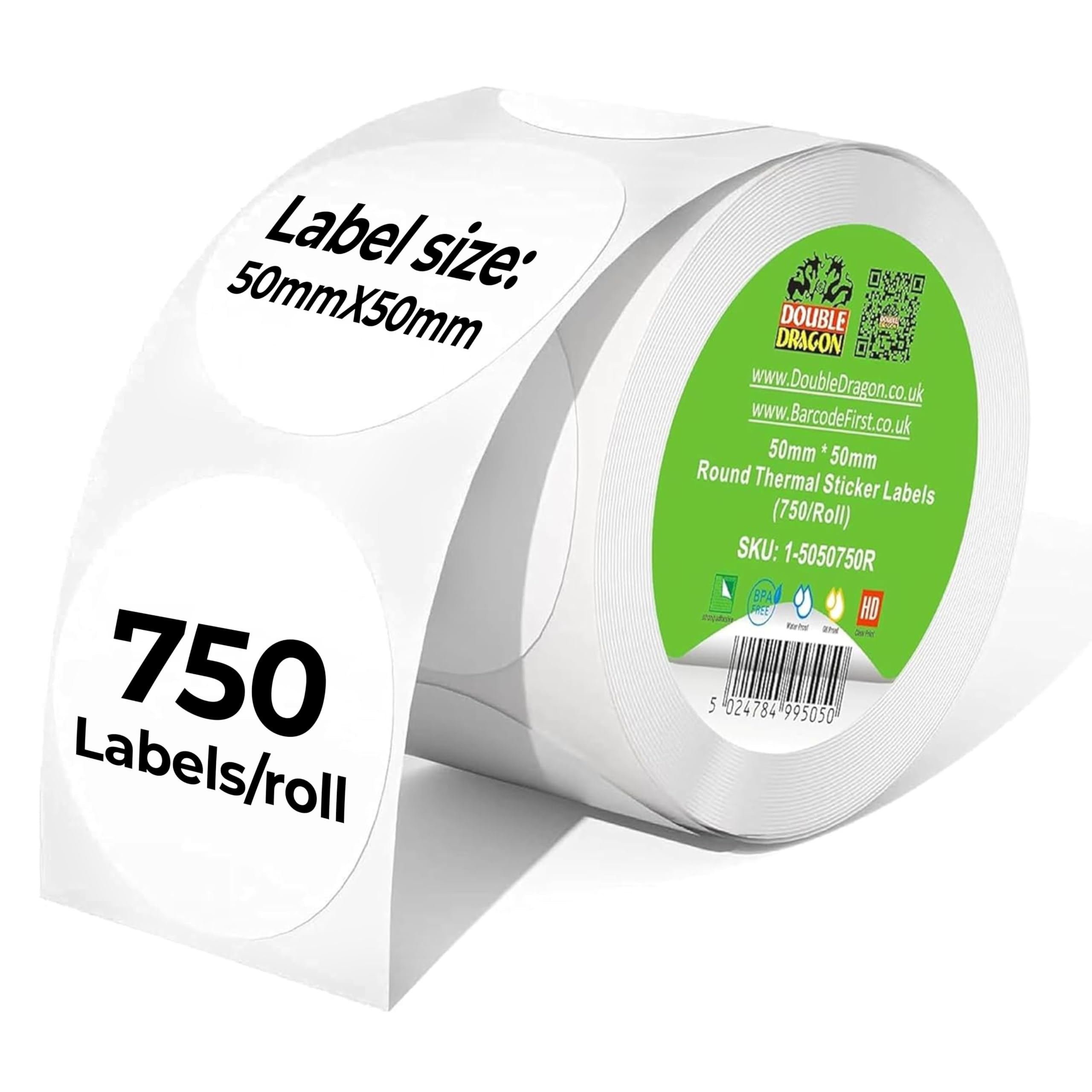 Double Dragon Direct Thermal Round Sticker Labels - 50mm, 750 Count Roll, White, Waterproof & Scratch-Resistant