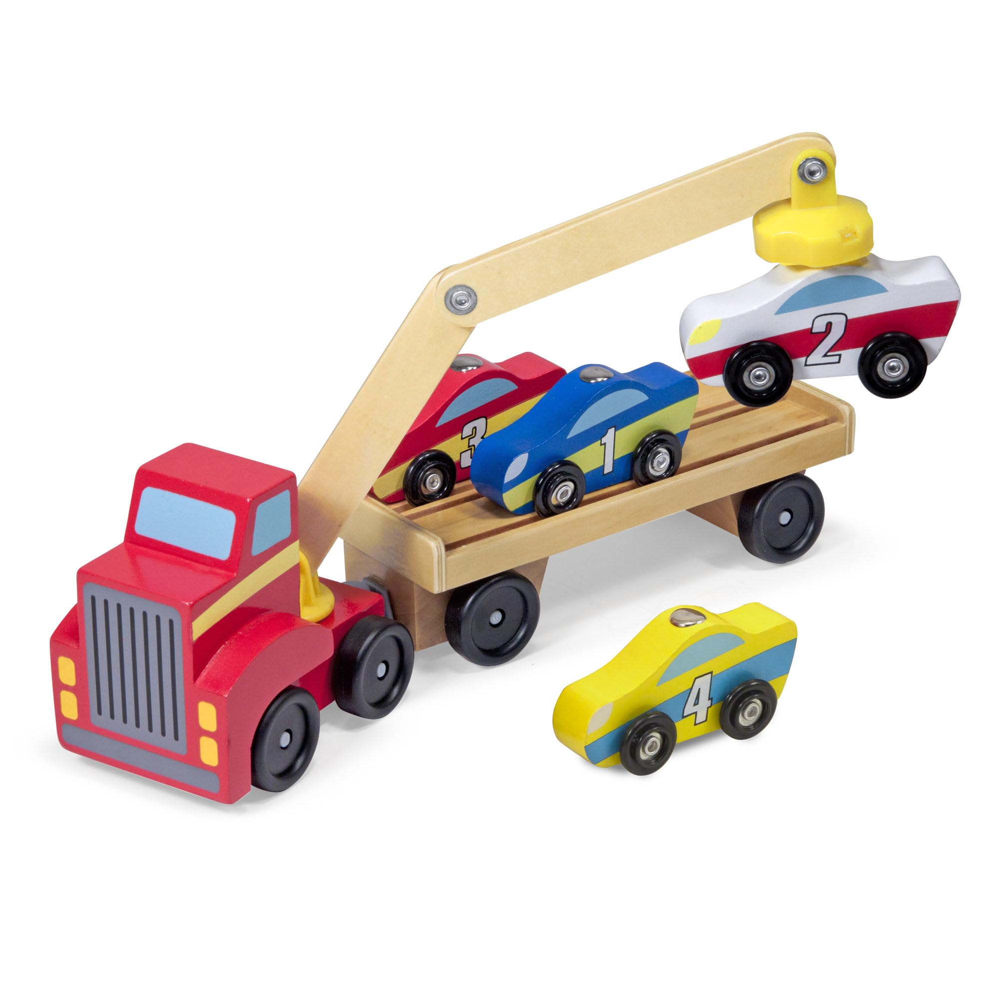 Melissa & Doug Magnetic Car Loader Wooden Truck Set | Ages 3+ | Includes Truck, Trailer, and 4 Magnetic Cars