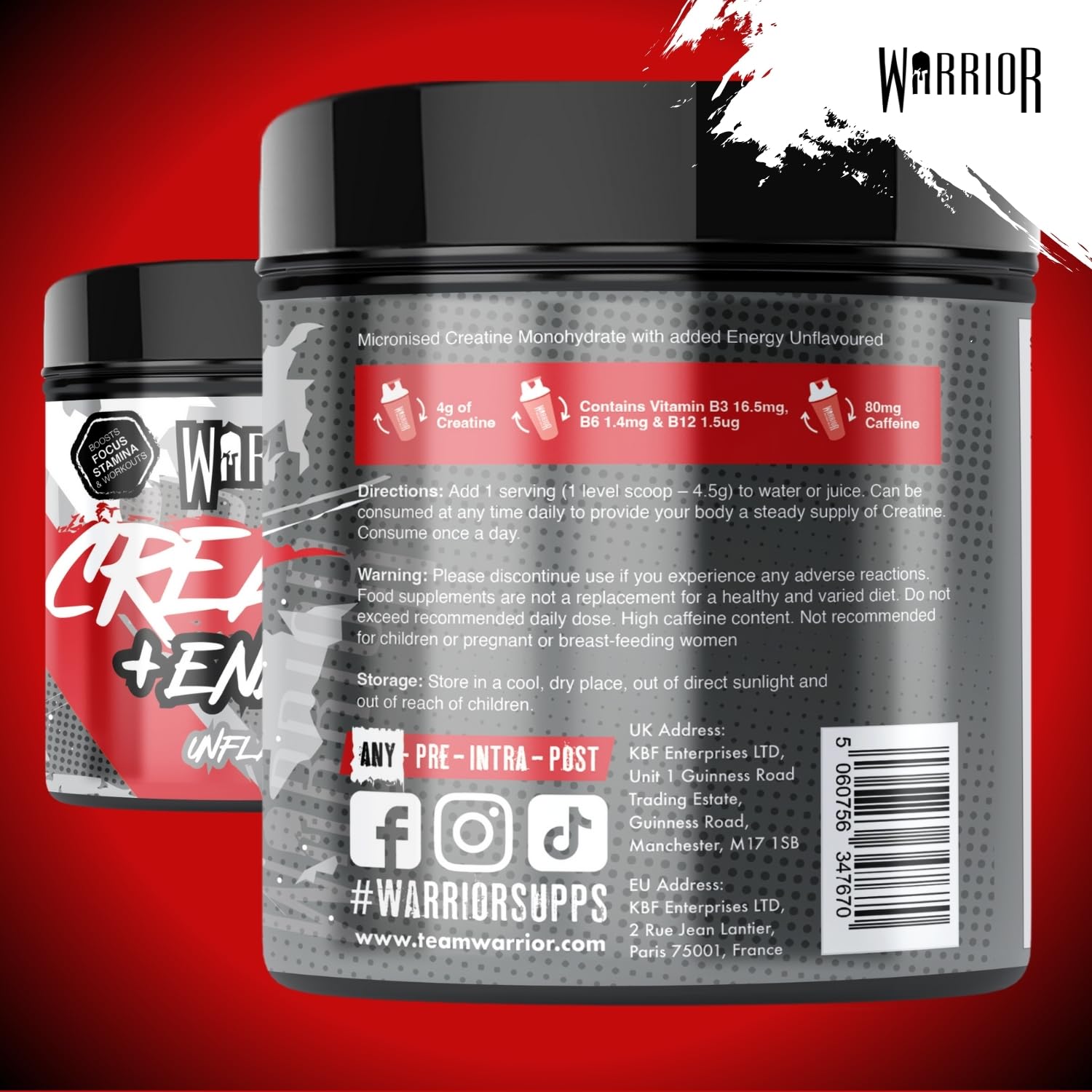 Warrior Creatine Monohydrate Powder + Energy - 360g (80 Servings) | Muscle Growth & Focus 3