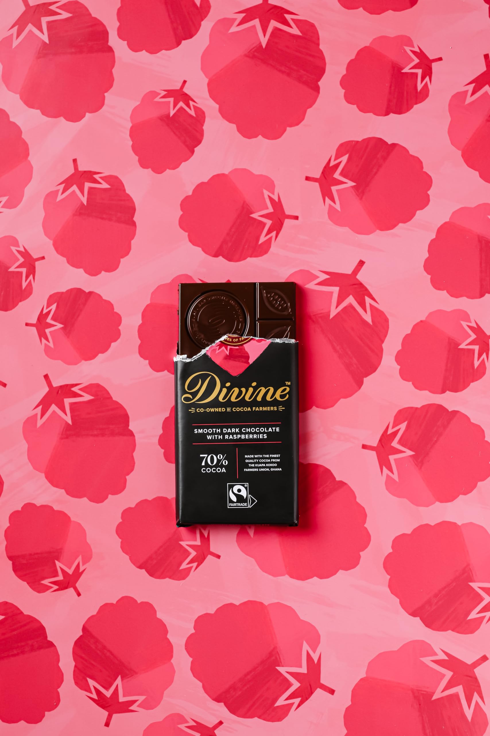 Divine - 70% dunkle Schokolade mit Himbeeren Riegel (90 g) 4