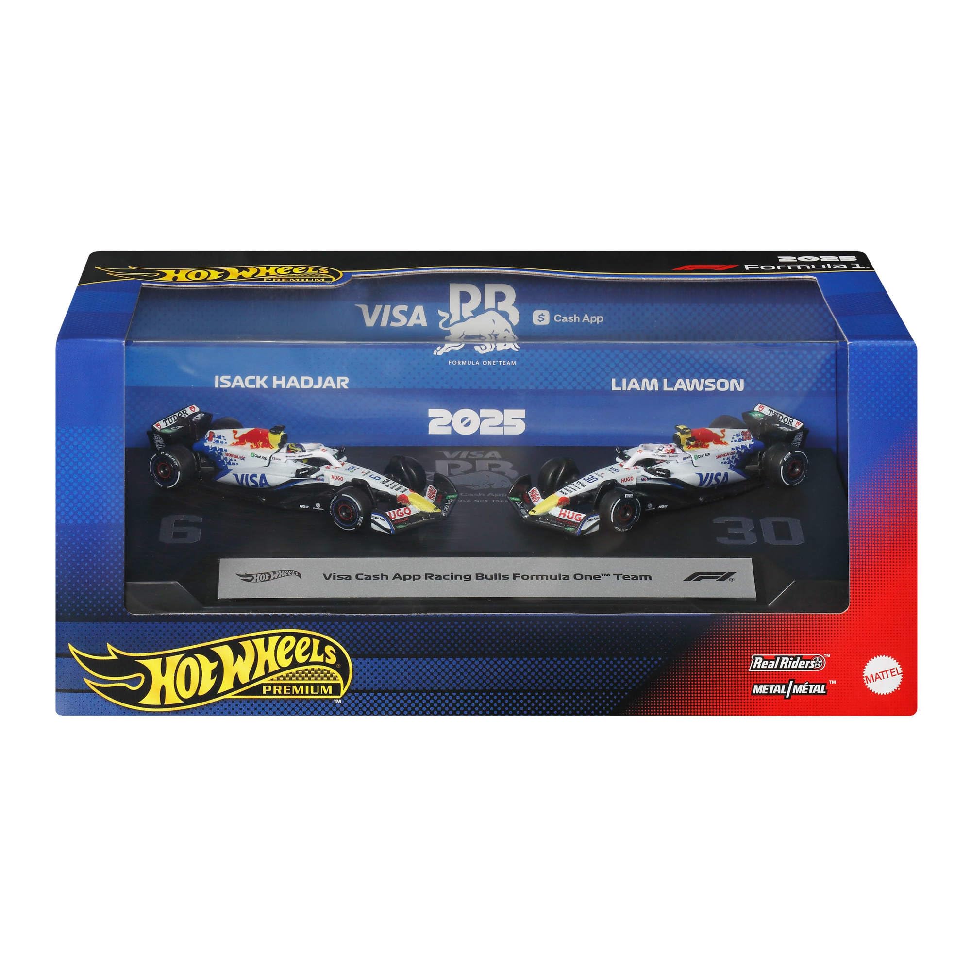 Hot Wheels Premium Visa Cash App Racing Bulls F1 2-Pack | 1:64 Scale Die-Cast | Liam Lawson & Isack Hadjar