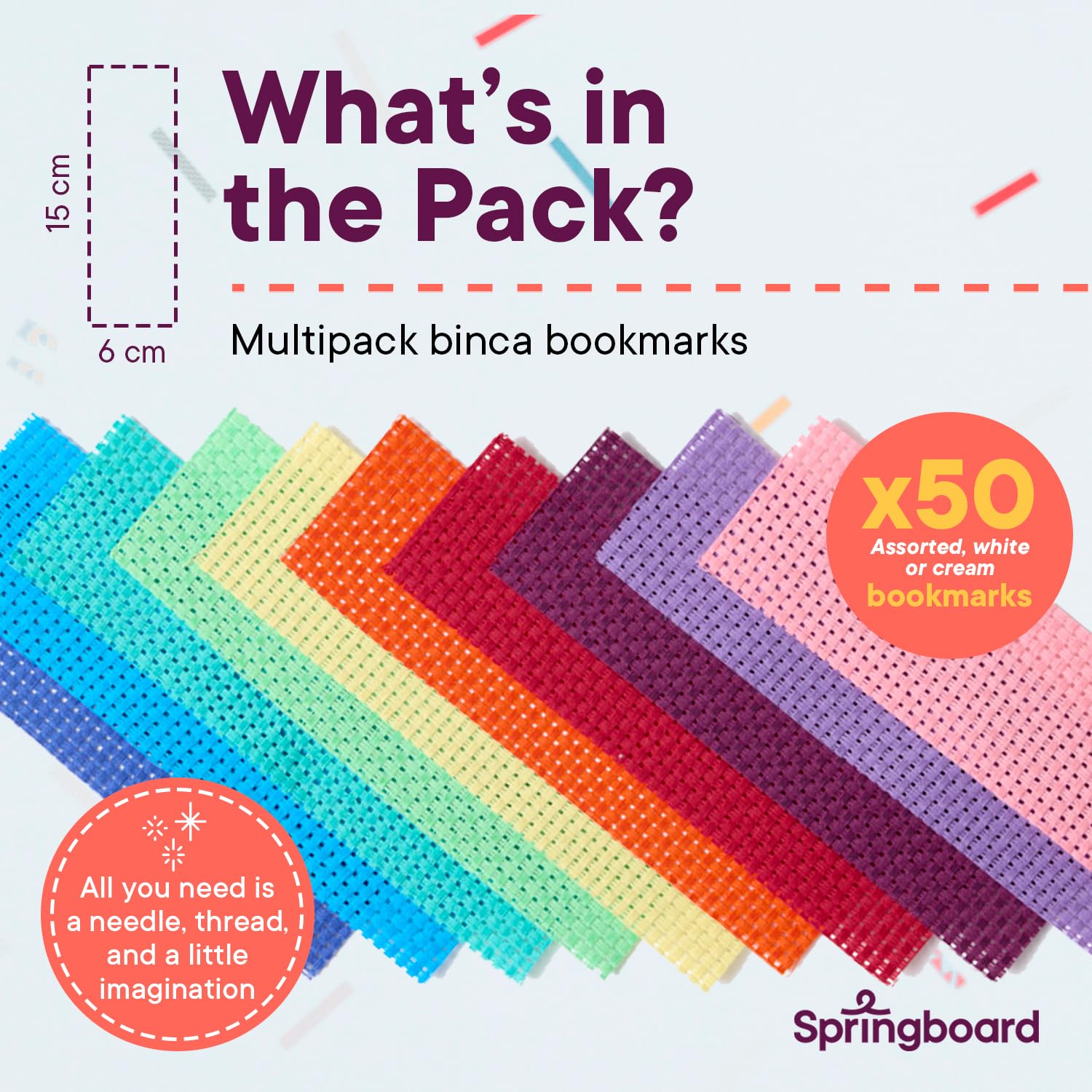 Springboard Supplies Cross Stitch Fabric Bookmarks - 50 Pack Binca Mesh for Sewing | 100% Cotton | Assorted Colors 5