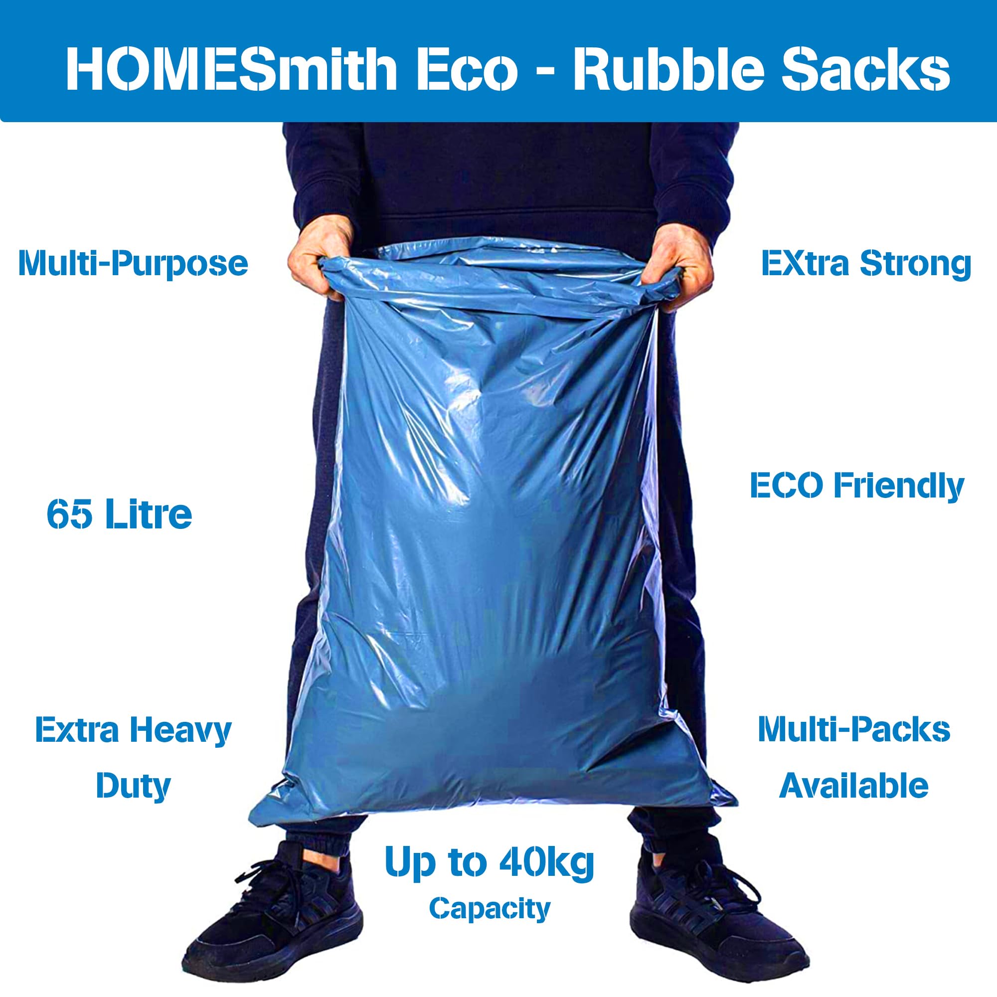 HomeSmith XLarge Heavy Duty Blue Rubble Sacks | 30kg Capacity | Leakproof Plastic Bags 3