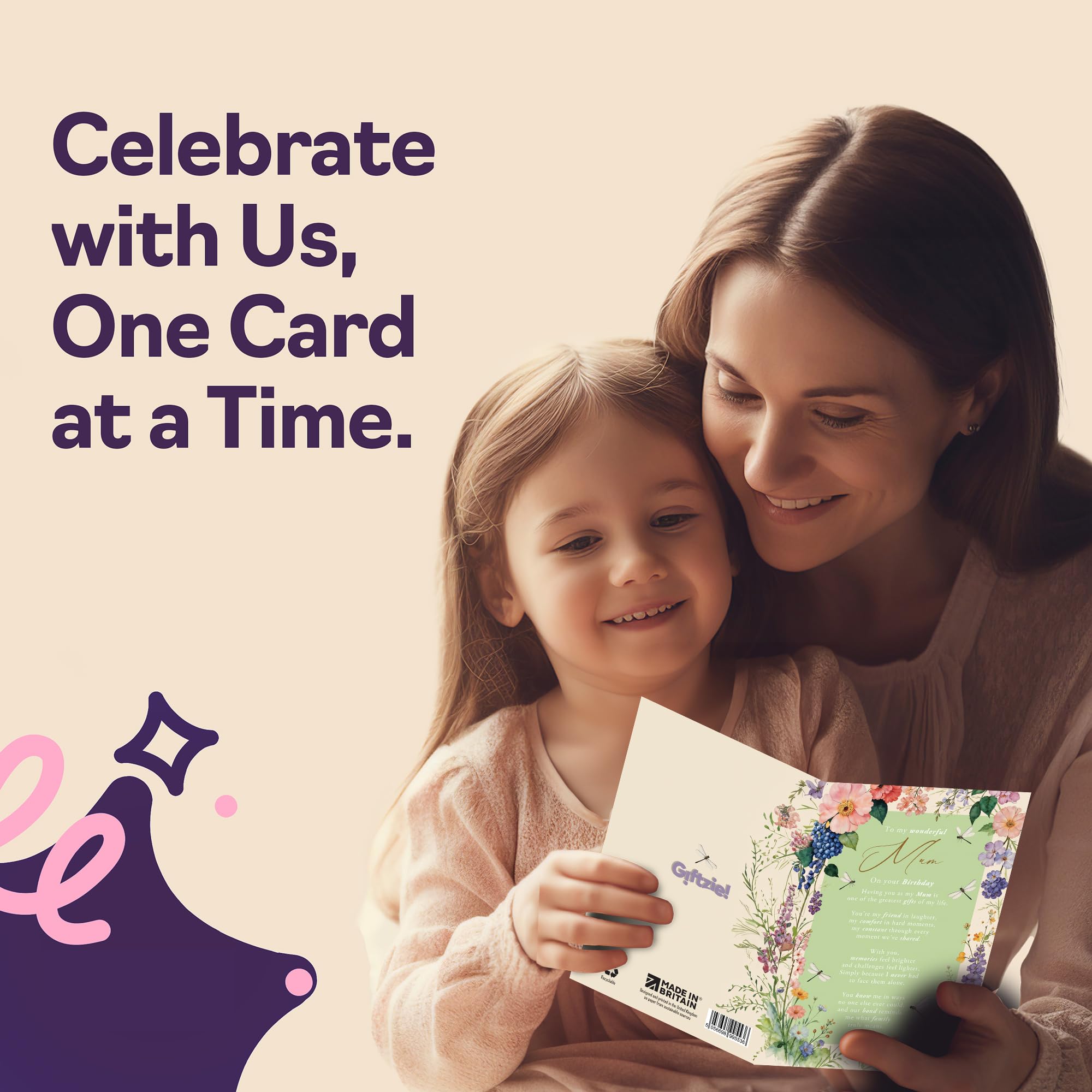 Giftzie Birthday Card for Mum - 5x7 Inch Gloss Board with Pink, Purple, Yellow Floral Design 4