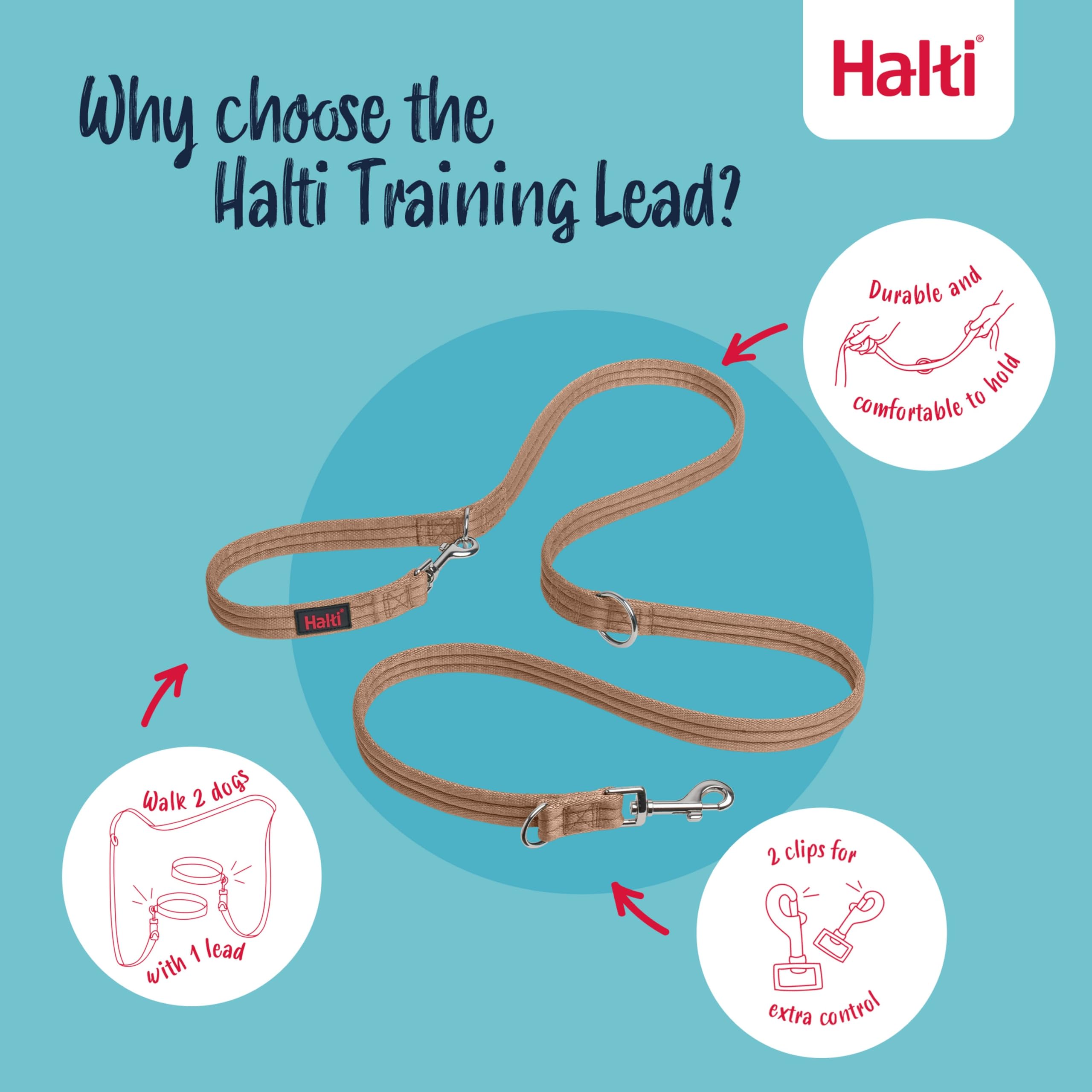 Halti Training Lead - Stops Pulling | Double-Ended | Size Small, Desert Sand, 2m 3