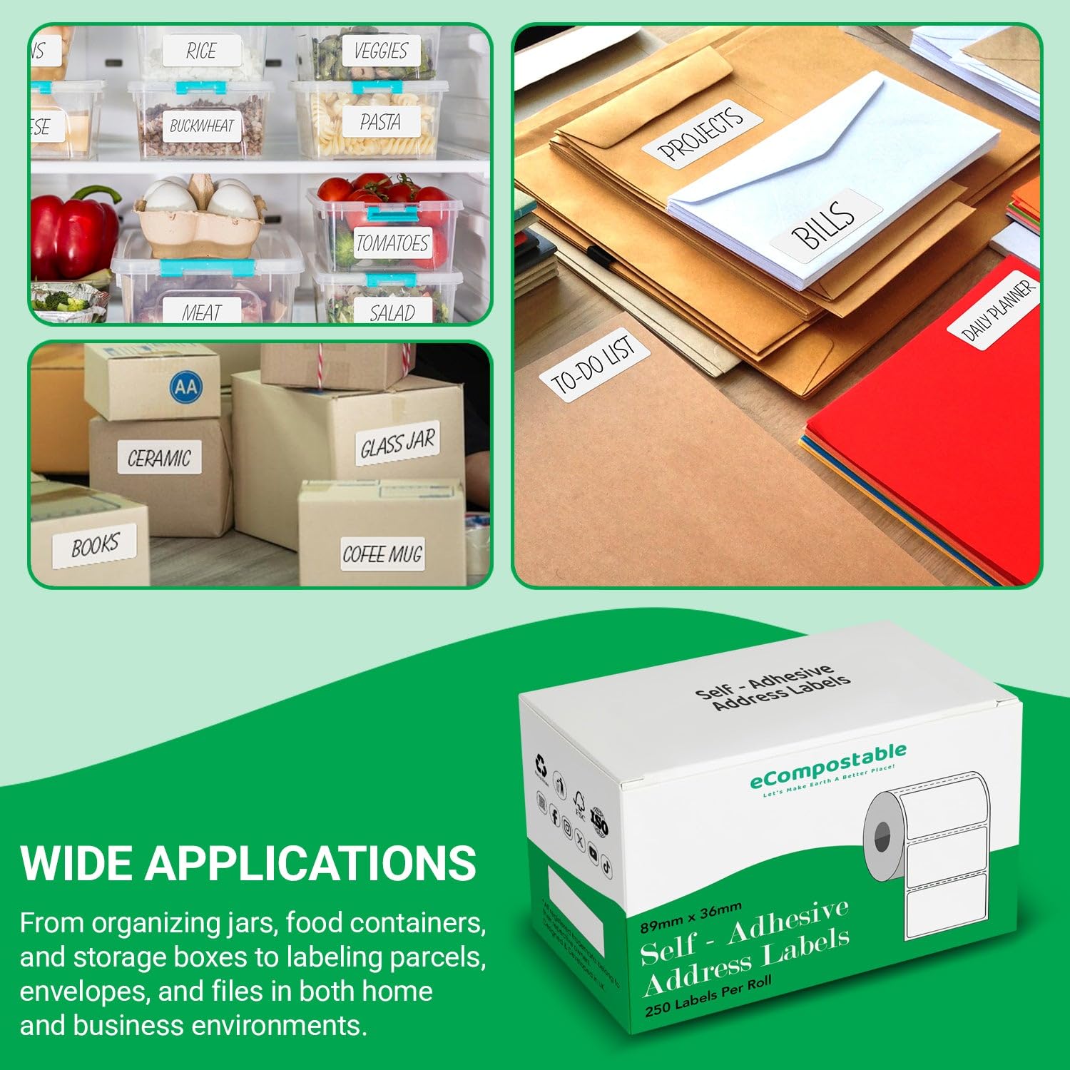eCompostable Self Adhesive Address Labels - 89x36mm White Sticky Labels on Roll | 250 Count 7