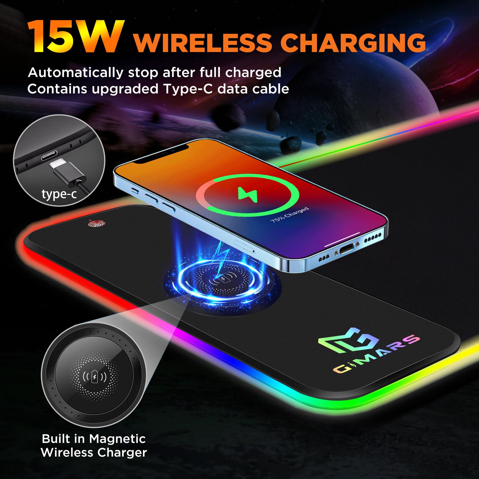 Gimars RGB Gaming Mouse Pad with 15W Wireless Charging, XL Mat 800x300mm