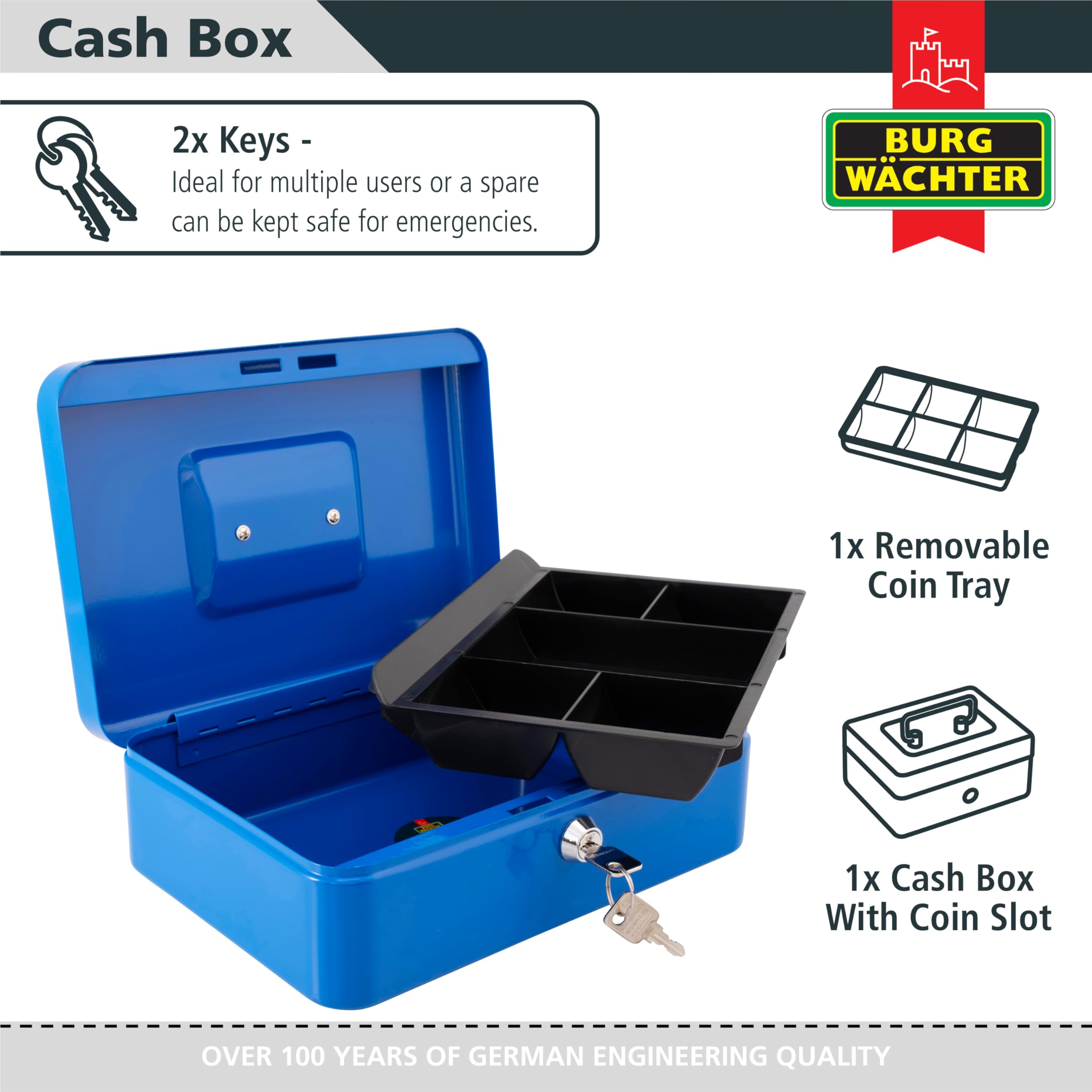 Burg-Wächter Money 5025 Cash Box - 10 inch Size | Key Lock | Blue Metal 5