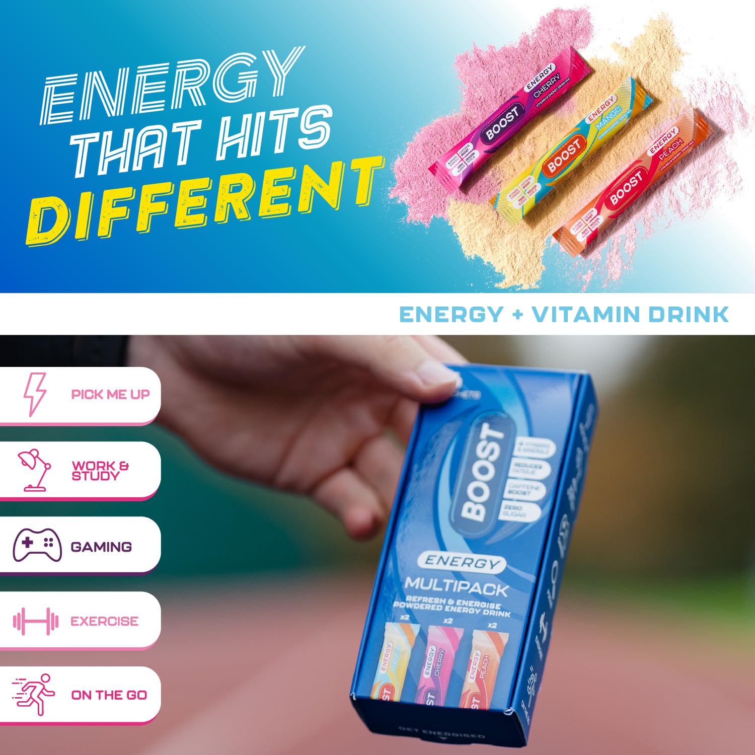 Boost Energy and Hydration Powder - Sugar Free | 6X Mixed Flavour Sachets | Caffeine & B-Vitamins 5