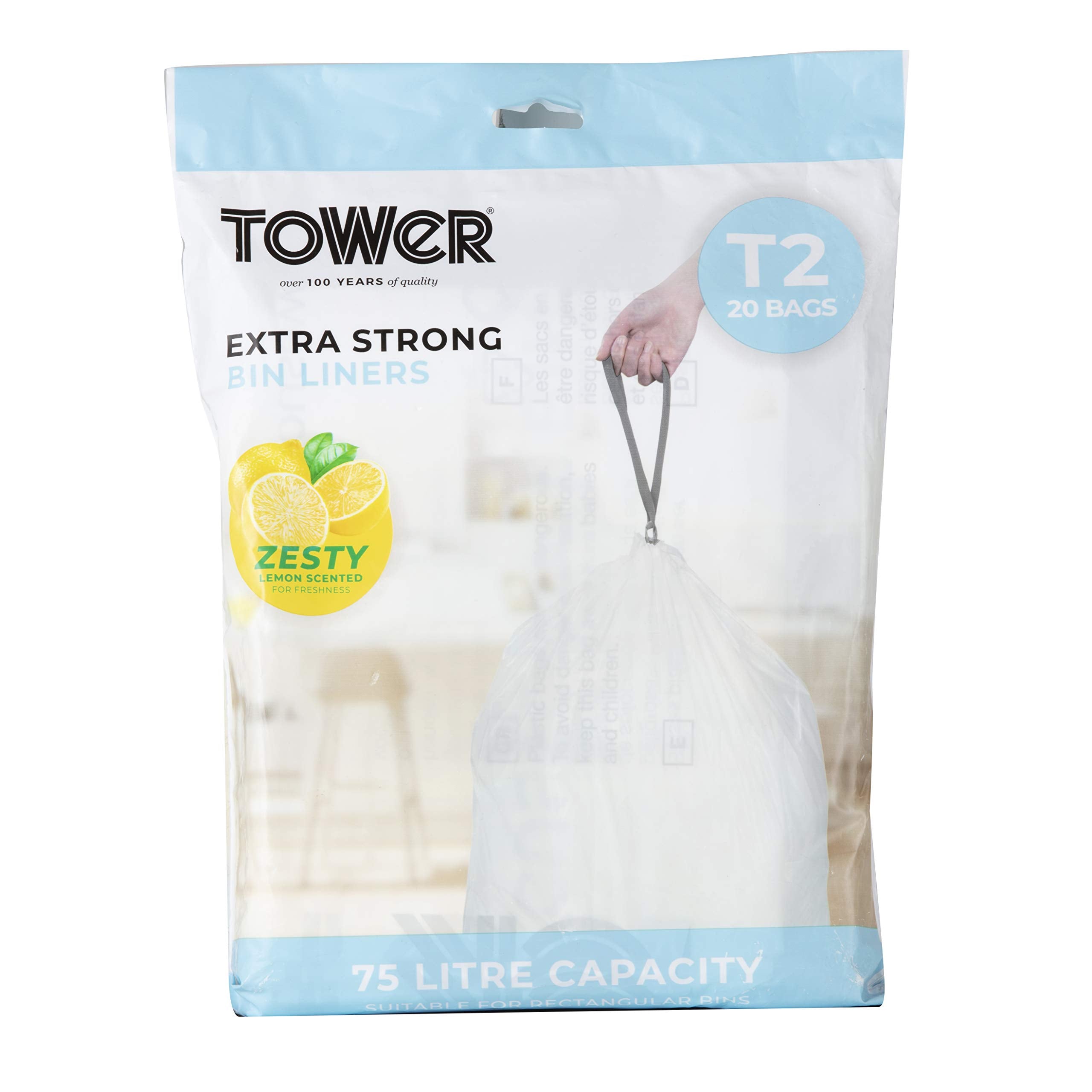 Tower 75L Lemon Scented Bin Liners - 20 Pack, Heavy Duty HDPE Bags