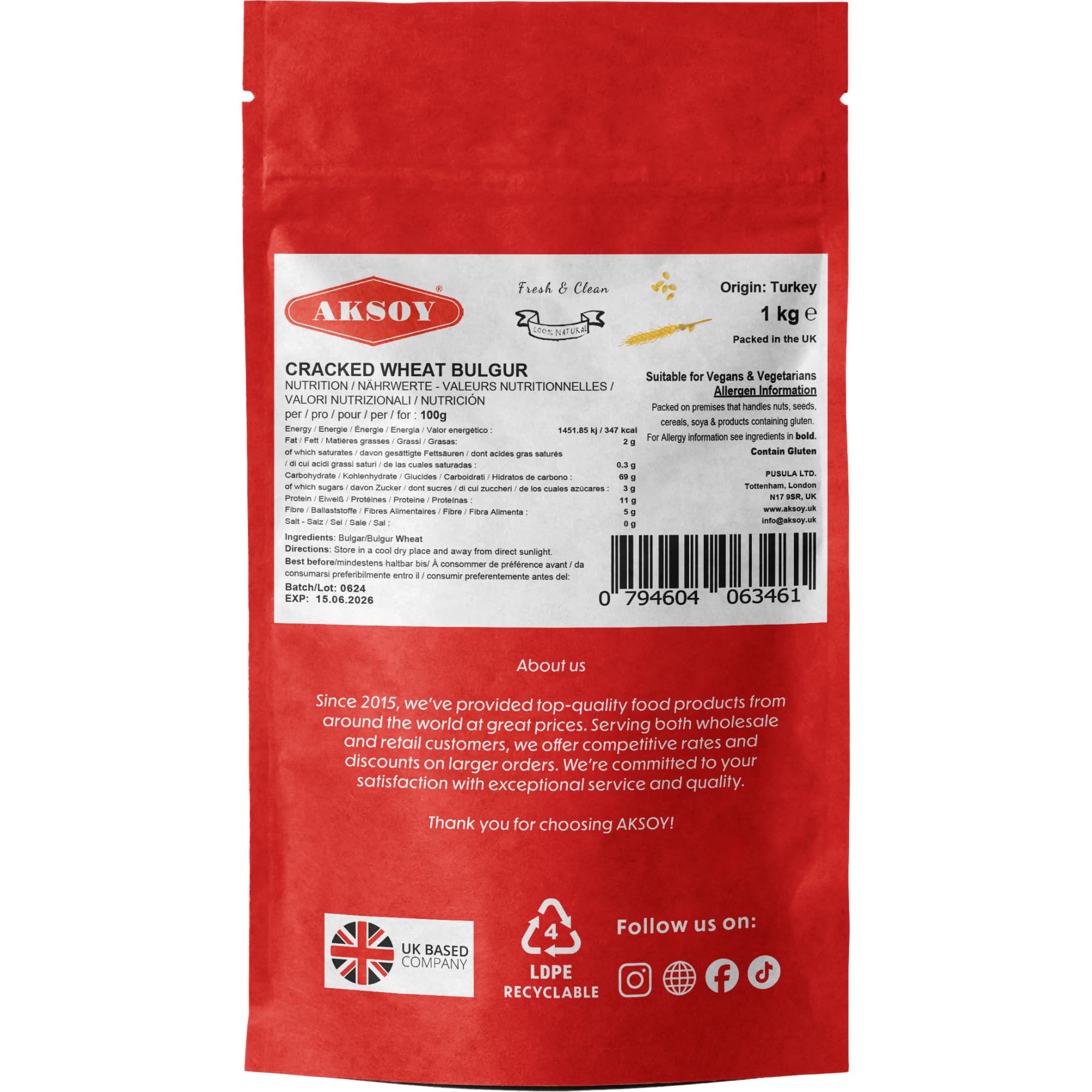 AKSOY Coarse Bulgur Wheat - 1KG Natural Whole Grain Cracked Wheat | Quick Cooking 7