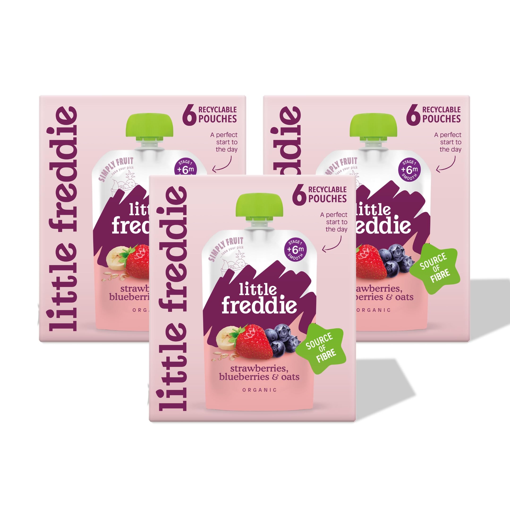 Little Freddie Organic Strawberries, Blueberries & Oats Bundle - 18 x 100g Pouches, Source of Fibre, Suitable from 6 Months