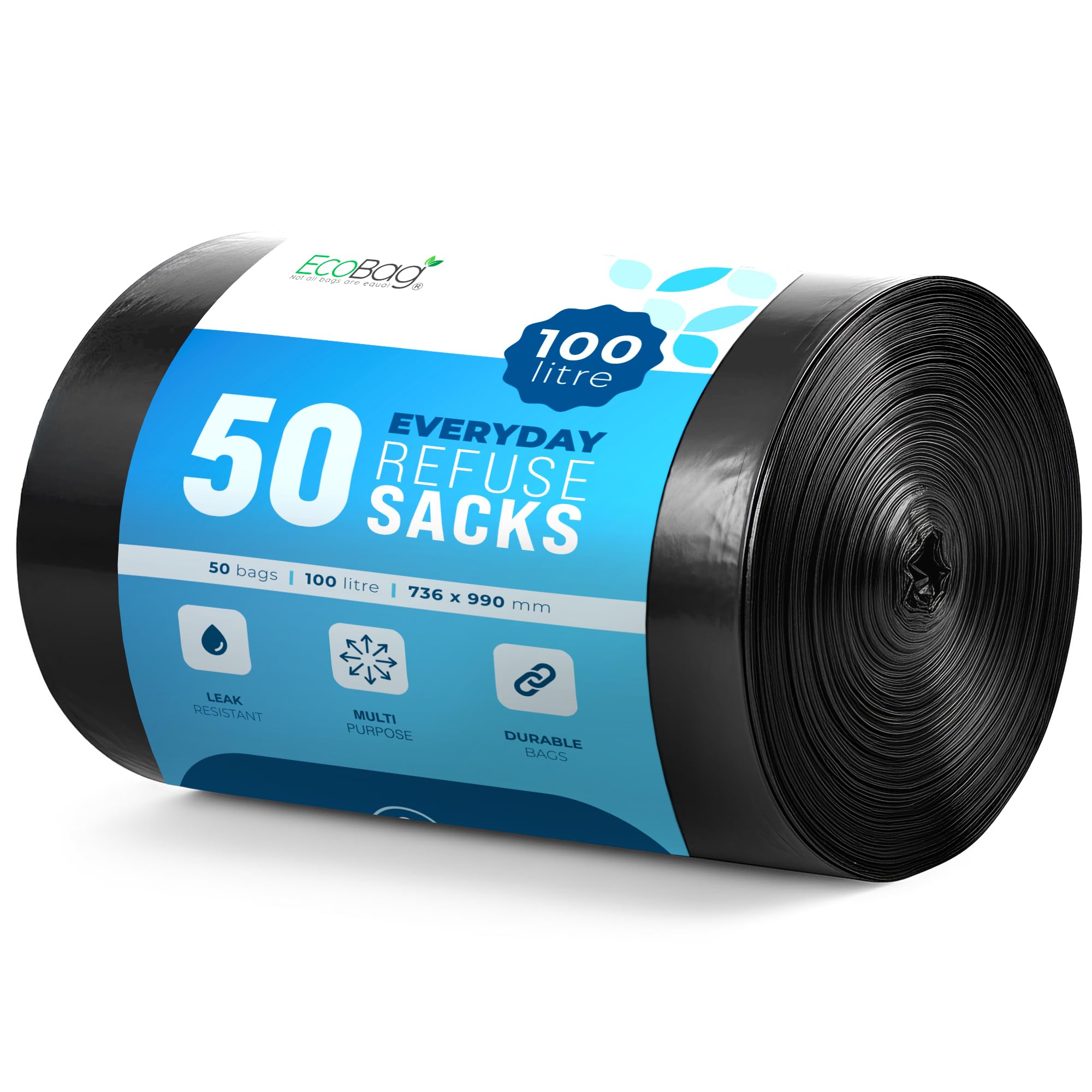 EcoBag Everyday Refuse Sacks - 50 Pack, 100 Litre Capacity, Heavy Duty, Recyclable