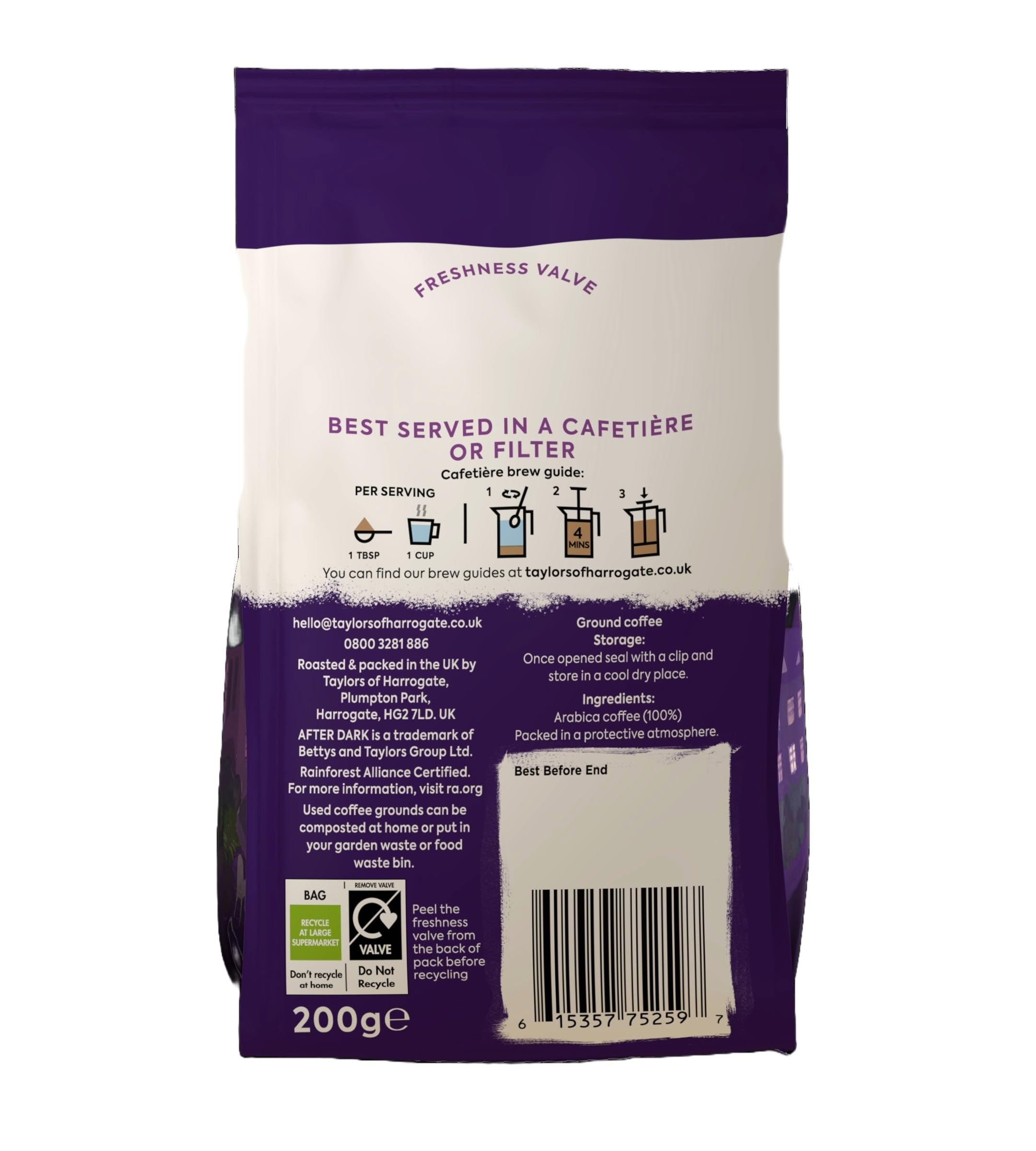 Taylors of Harrogate After Dark Ground Coffee - Dark Roast, Cocoa & Brown Sugar Notes | 6 x 200g Bags 7