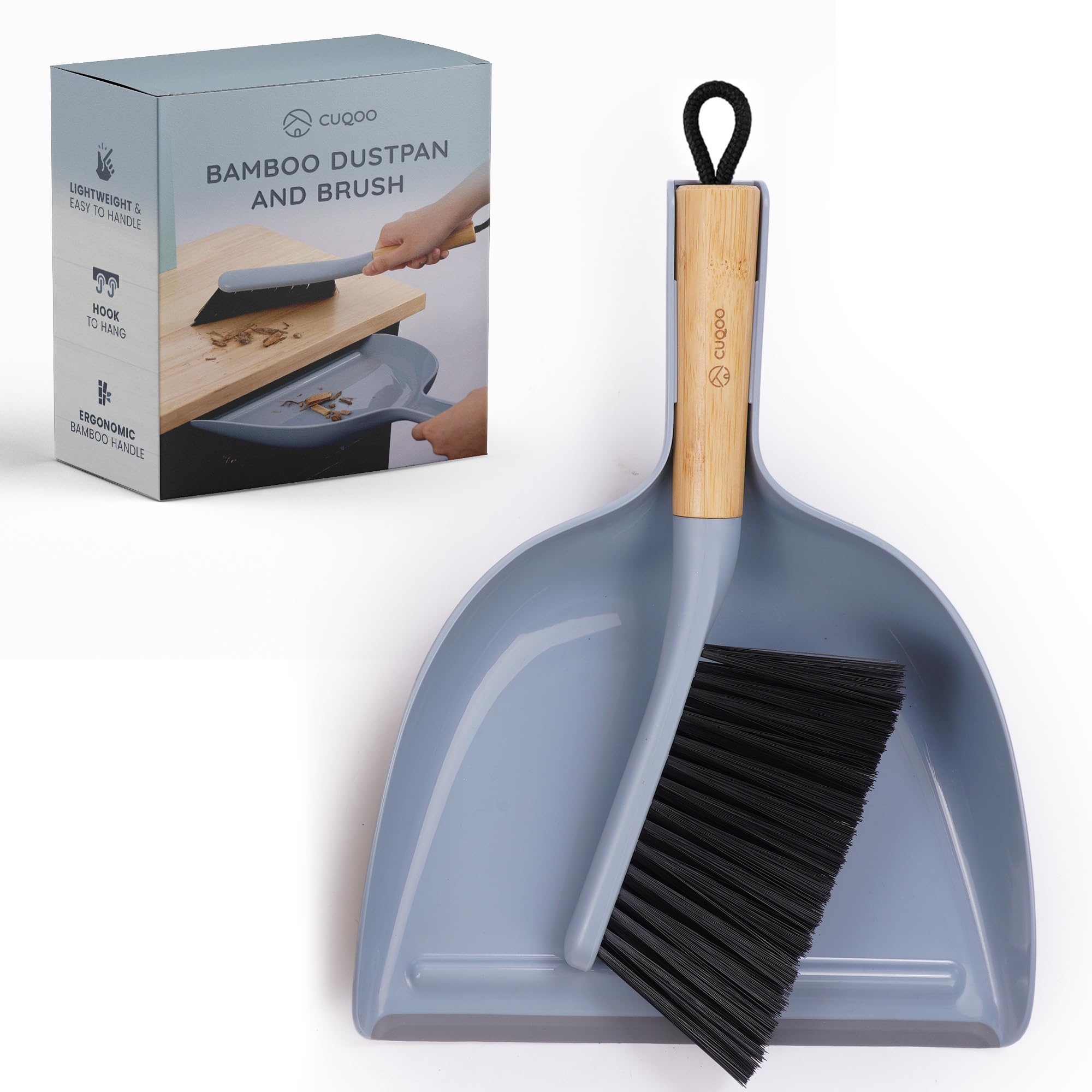 CUQOO Compact Bamboo Dustpan and Brush Set | Soft Scratch-Free Bristles | Grey