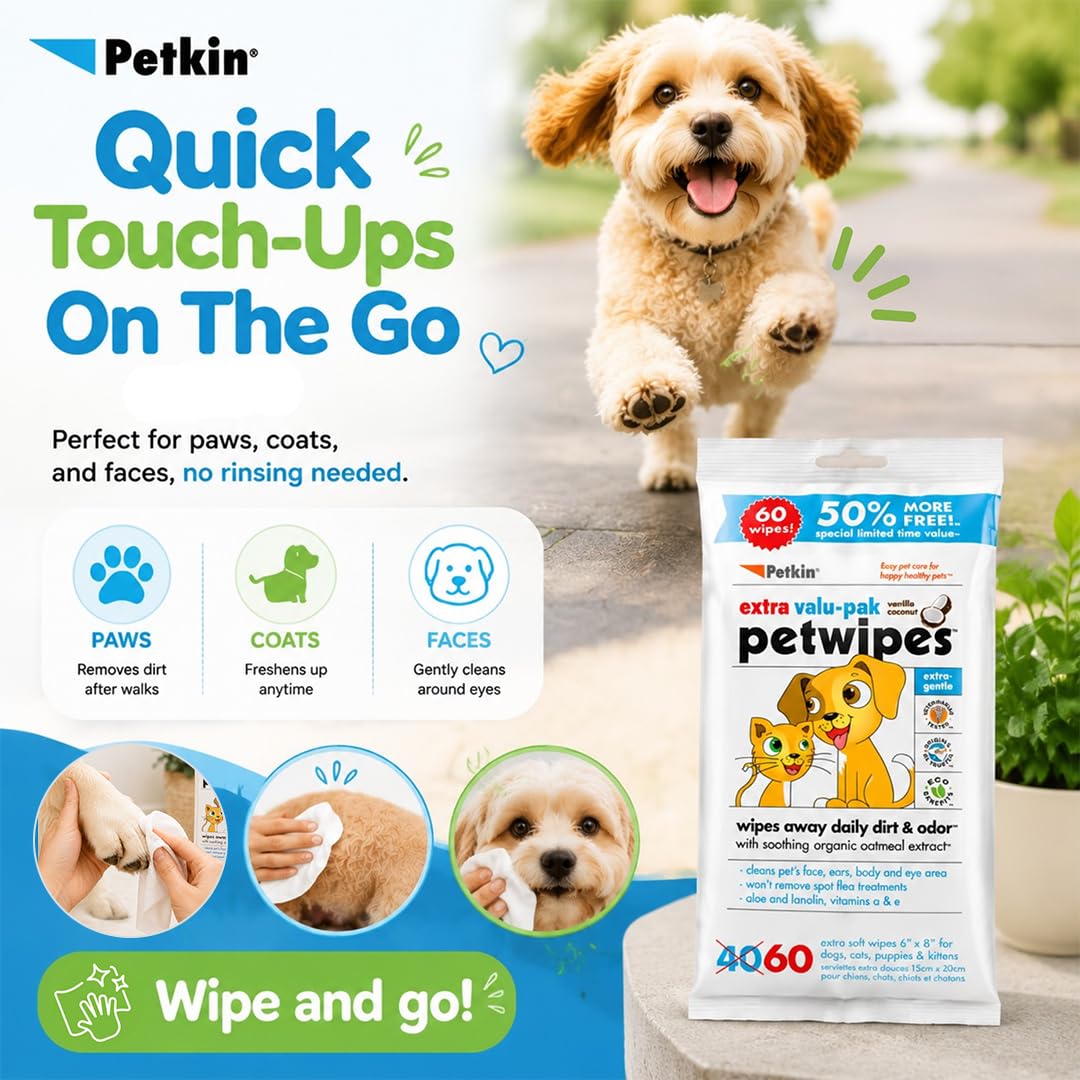 Petkin Eco Pet Wipes for Dogs and Cats - Gently Cleans Dirt & Odour | 60 Count 6