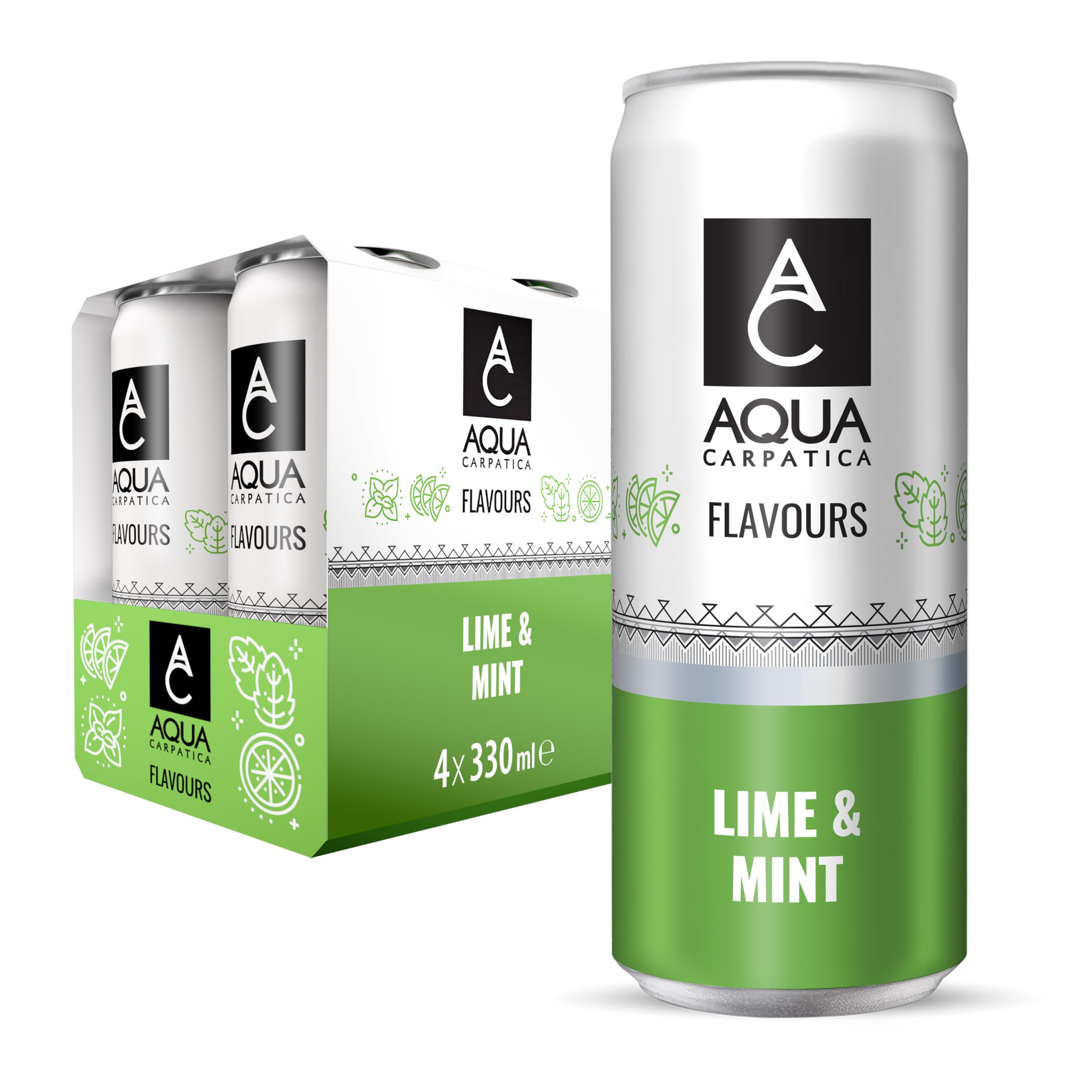 Aqua Carpatica Sparkling Flavours Lime & Mint - Naturally Sweetened, 330ml Cans (Pack of 4) 1