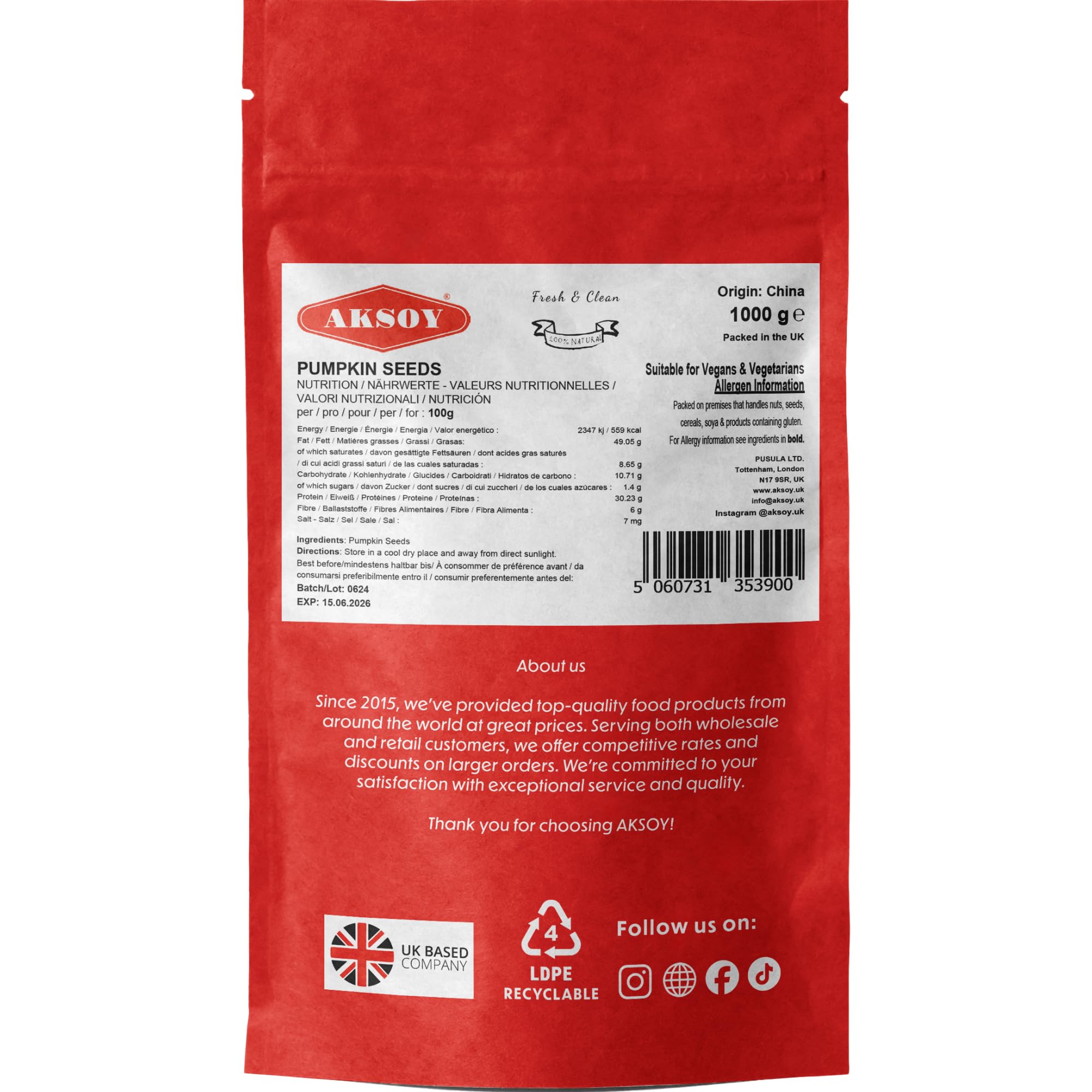 AKSOY Raw AA Grade Pumpkin Seeds - Premium Quality, GMO-Free, Vegan | 1kg 6