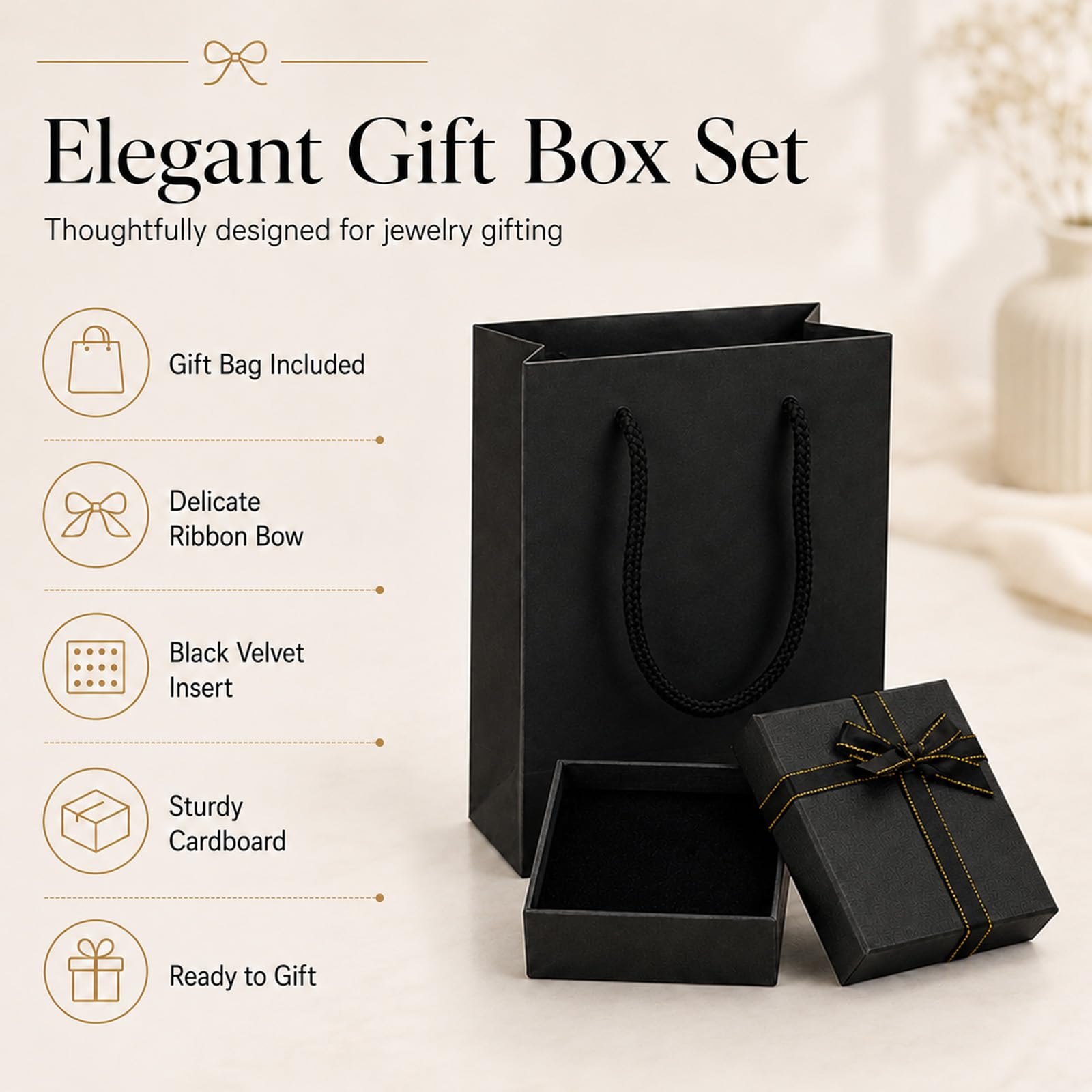 Admygo Premium Black Jewelry Gift Box and Paper Bag Set | 7x9x3cm Box | Includes Ribbon Bow