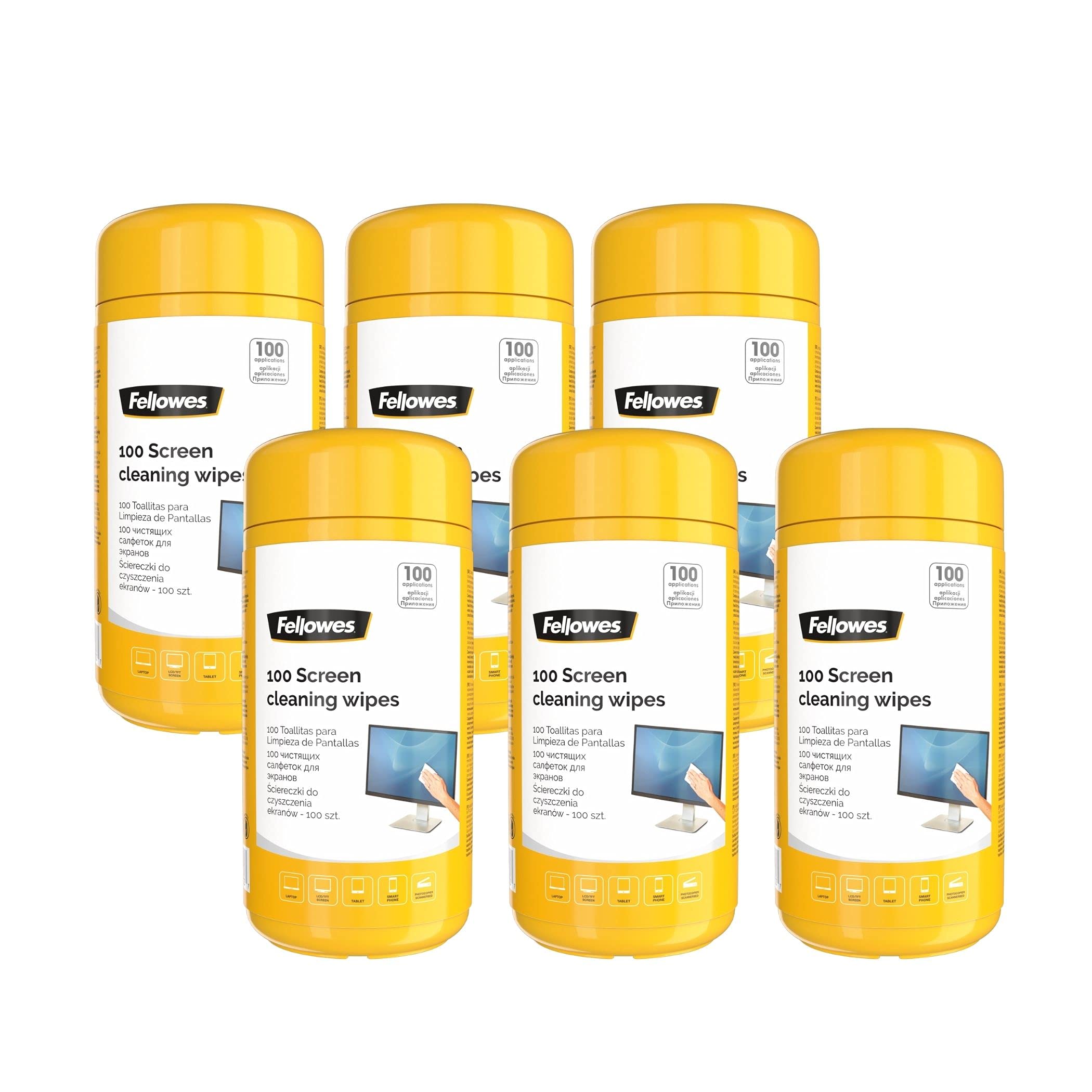 Fellowes Screen Cleaning Wipes Tub - 100 Wipes, Pack of Six | Anti-Static, Non-Streak