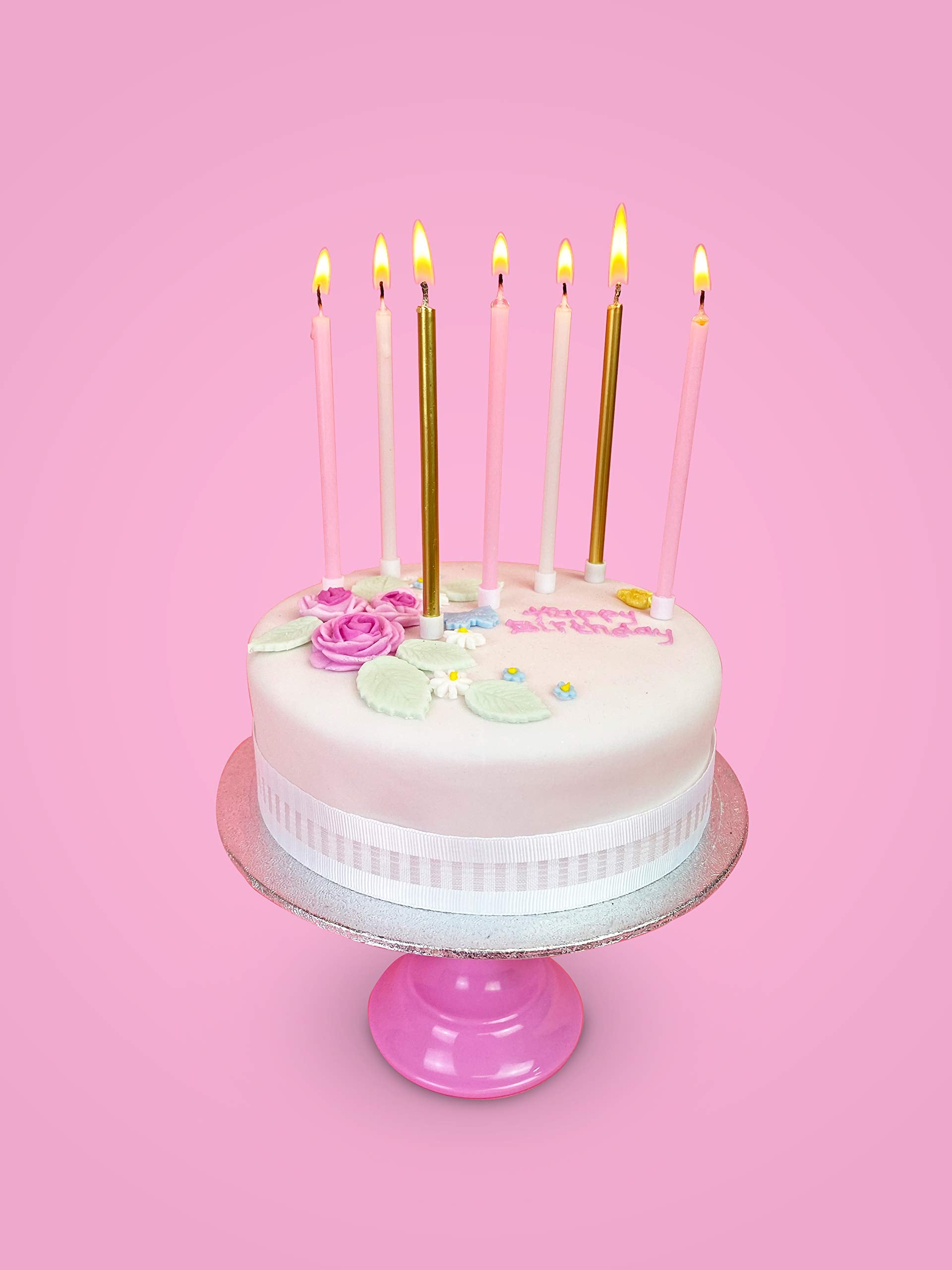 Talking Tables 16 x Tall Birthday Candles with Holders - Pink, Gold & White | 10cm 4