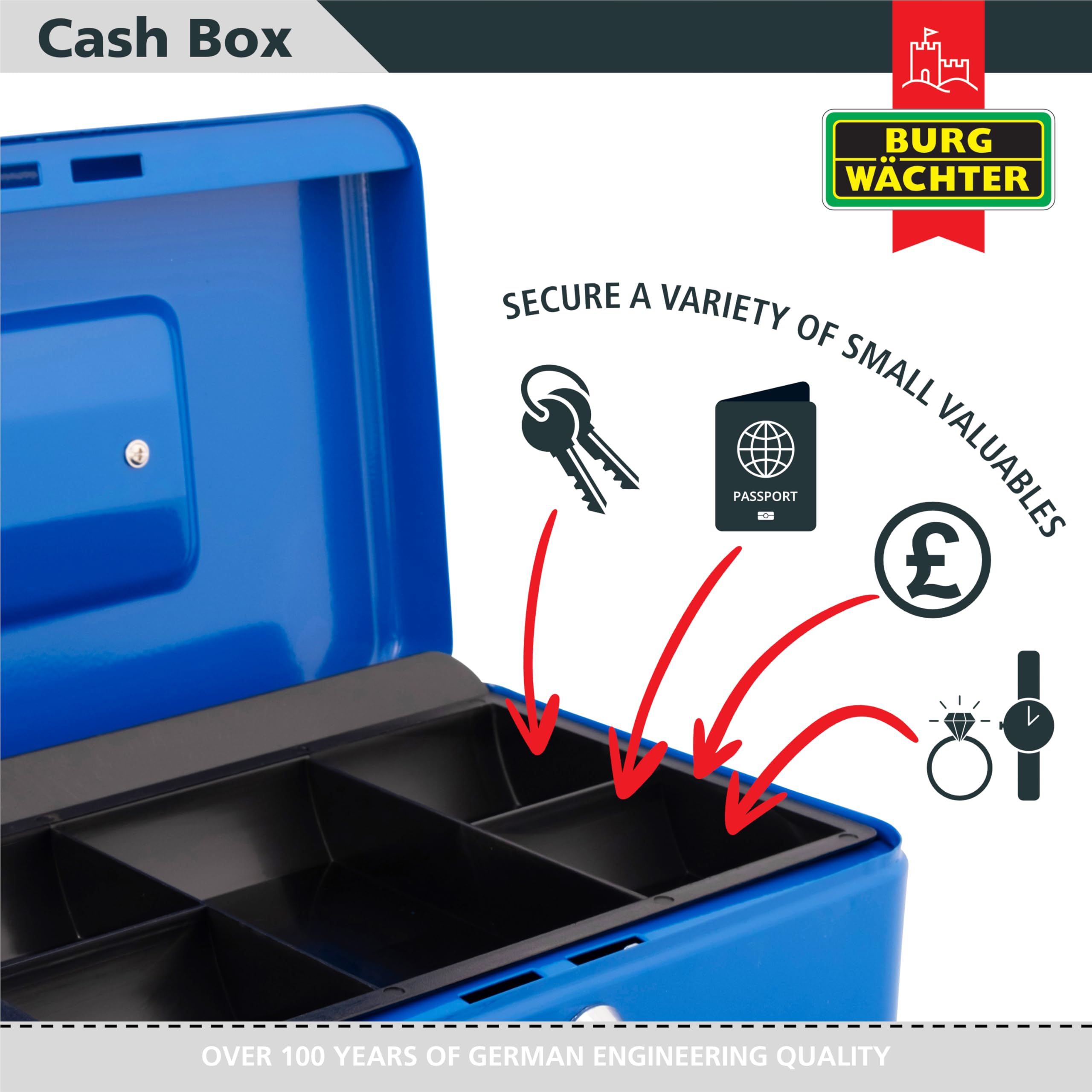 Burg-Wächter Money 5025 Cash Box - 10 inch Size | Key Lock | Blue Metal 4