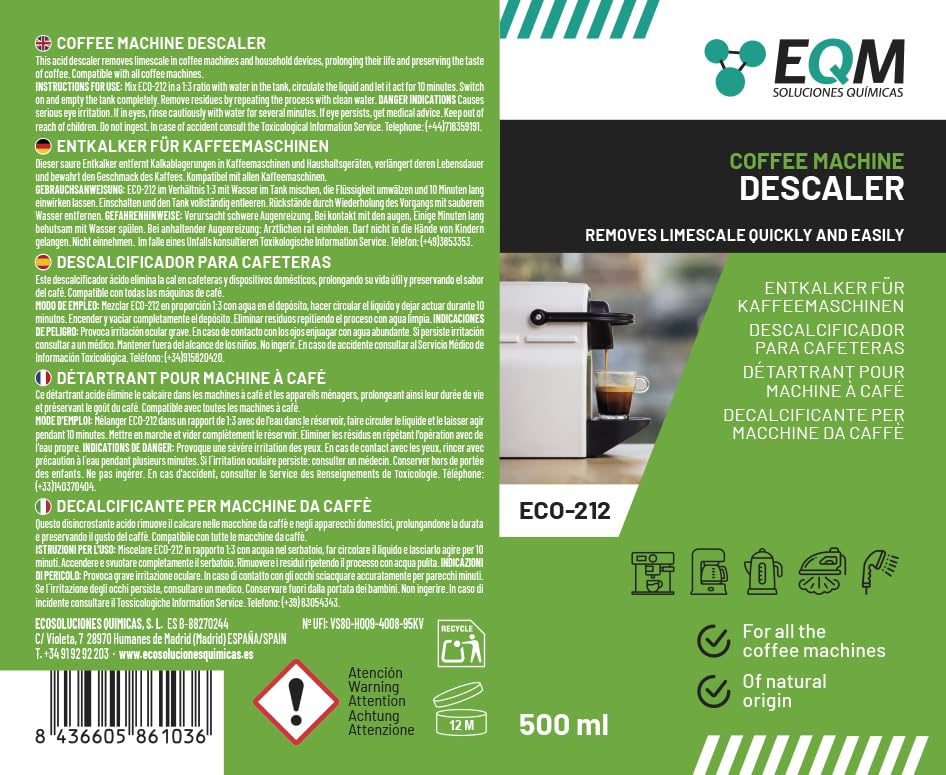 EQM SOLUCIONES QUIMICAS ECO-212 Coffee Machine Descaler - 500 ml | 100% Natural Origin | Citric Acid 8
