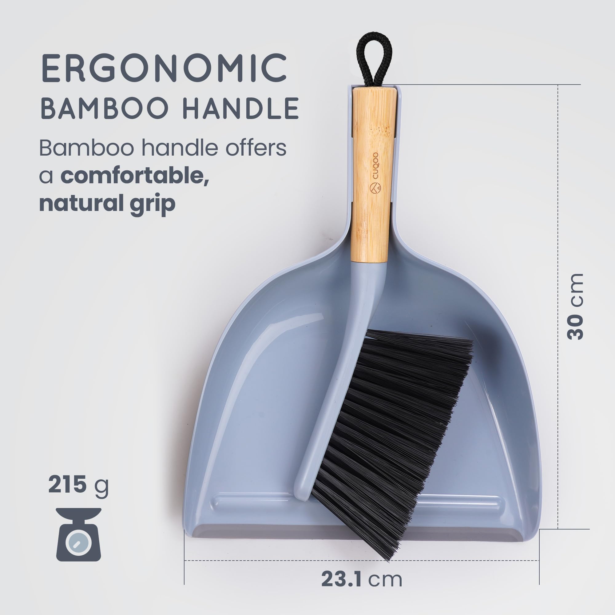 CUQOO Compact Bamboo Dustpan and Brush Set | Soft Scratch-Free Bristles | Grey 3