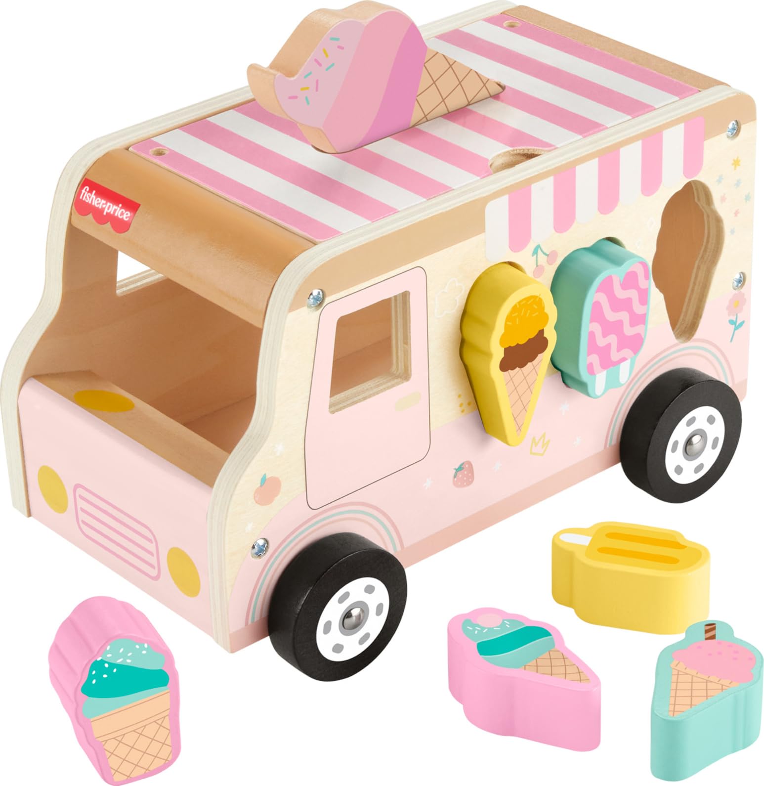 Fisher-Price Toddler Shape Sorting Playset Wooden Ice Cream Truck, 8 Wood Pieces for Developmental Play Ages 18+ Months, HXT86