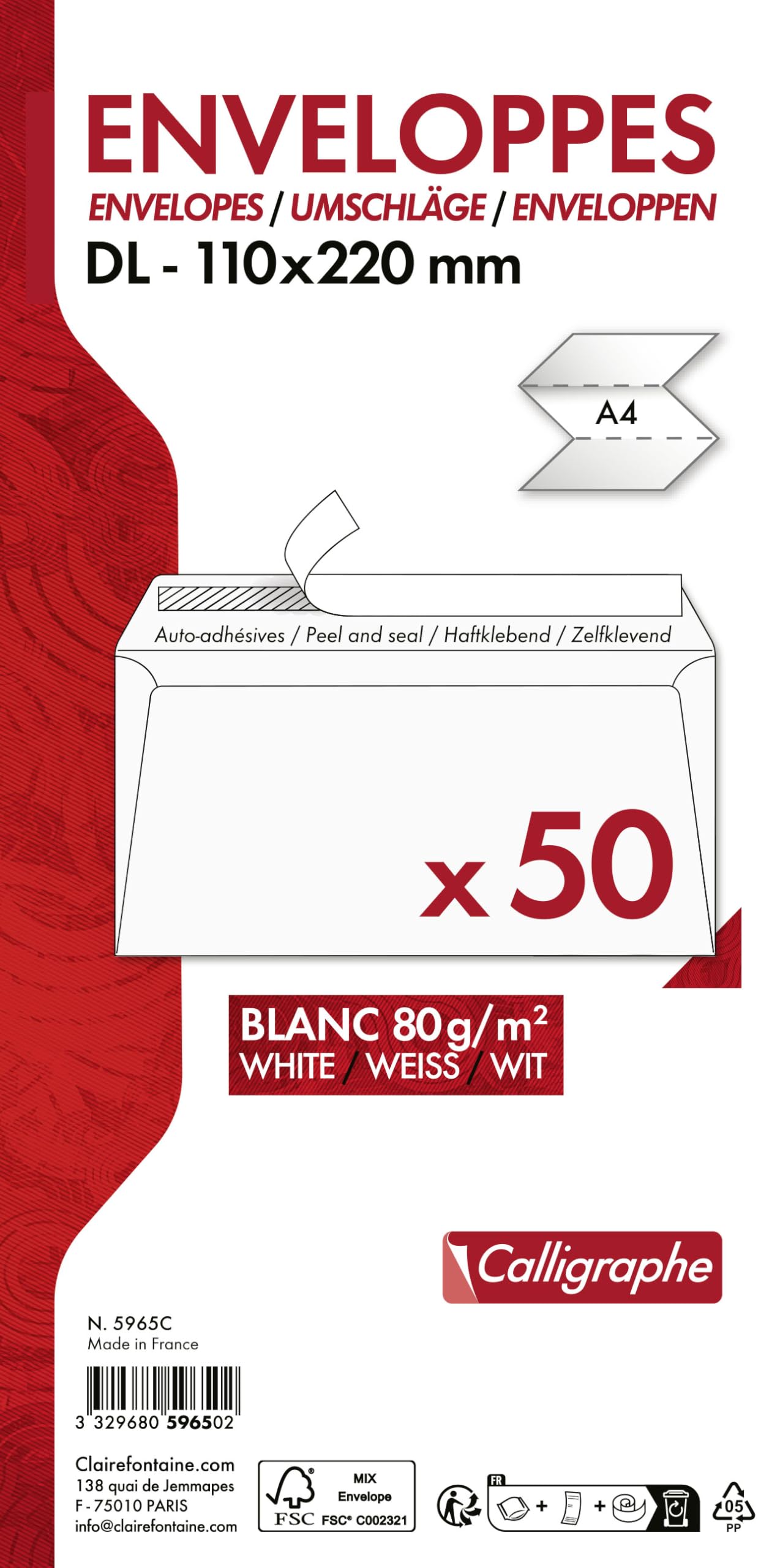 Calligraphe 5965C Business Envelopes - DL (110x220mm) | 50 Pack | 80g/m² | Self-Adhesive 3