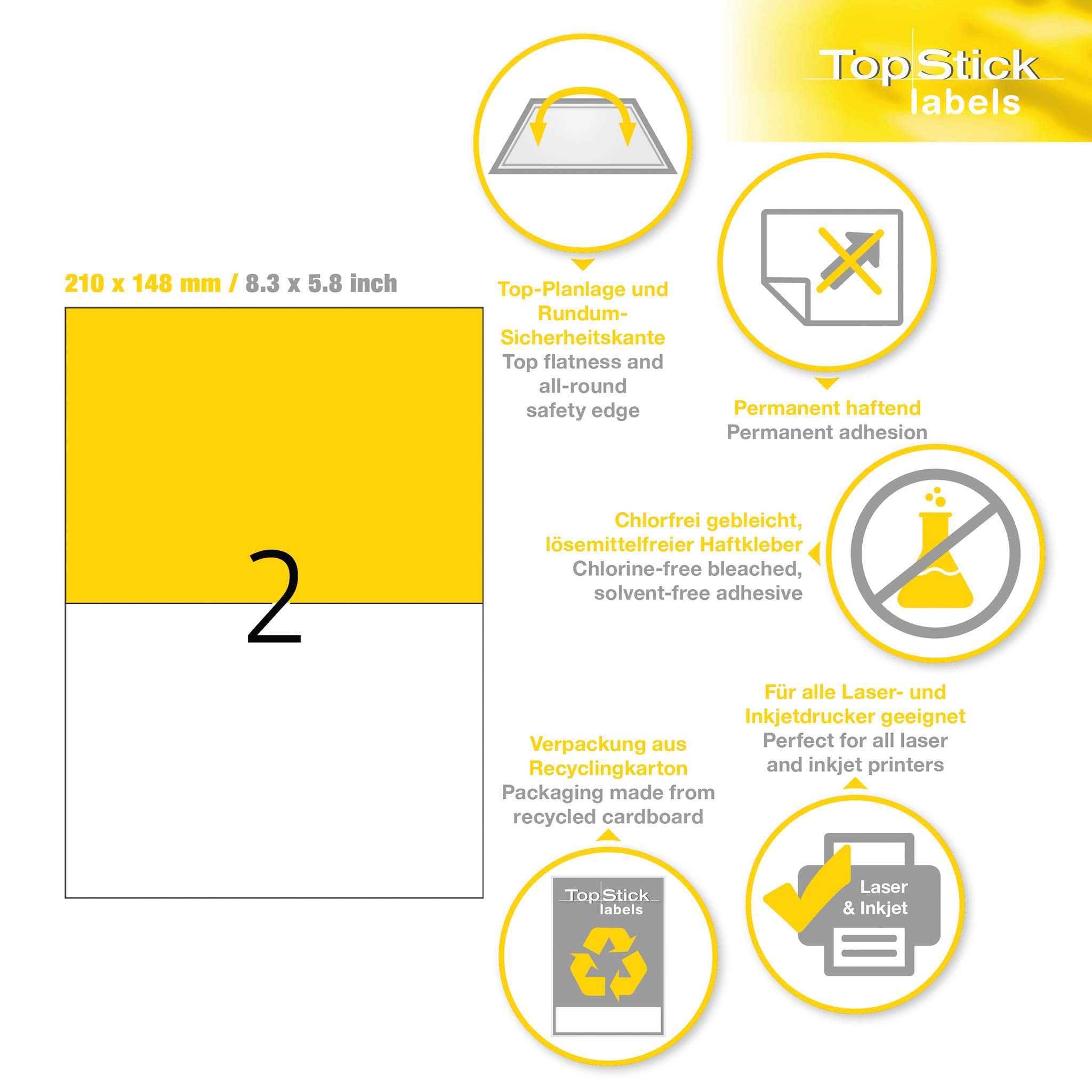 TopStick Self Adhesive Multipurpose Labels - 2 Labels per A4 Sheet, 200 Labels Total, 210 x 148 mm | White 6