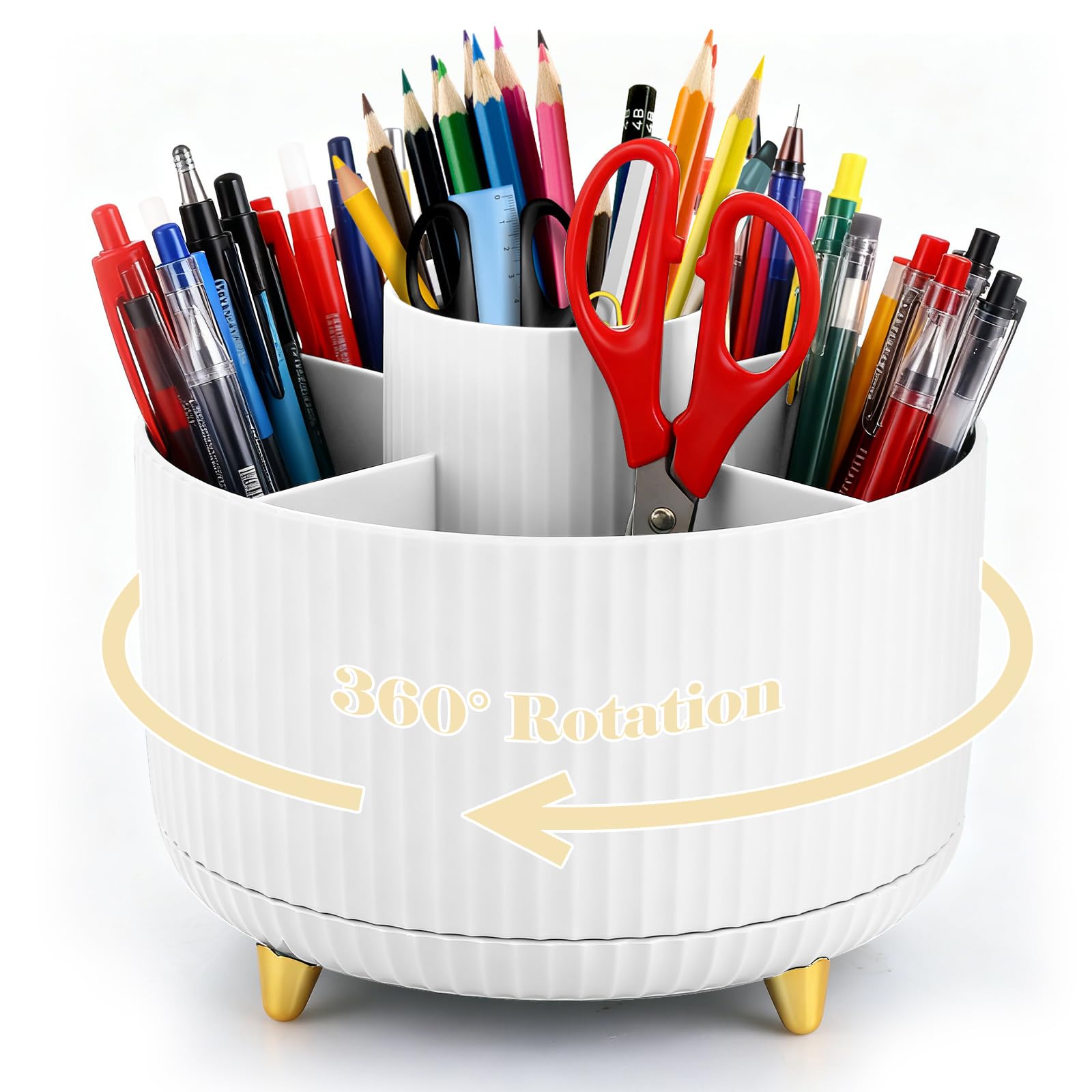 Lychico Desk Organiser - 360° Rotating Pencil Cup with 5 Compartments | White Plastic